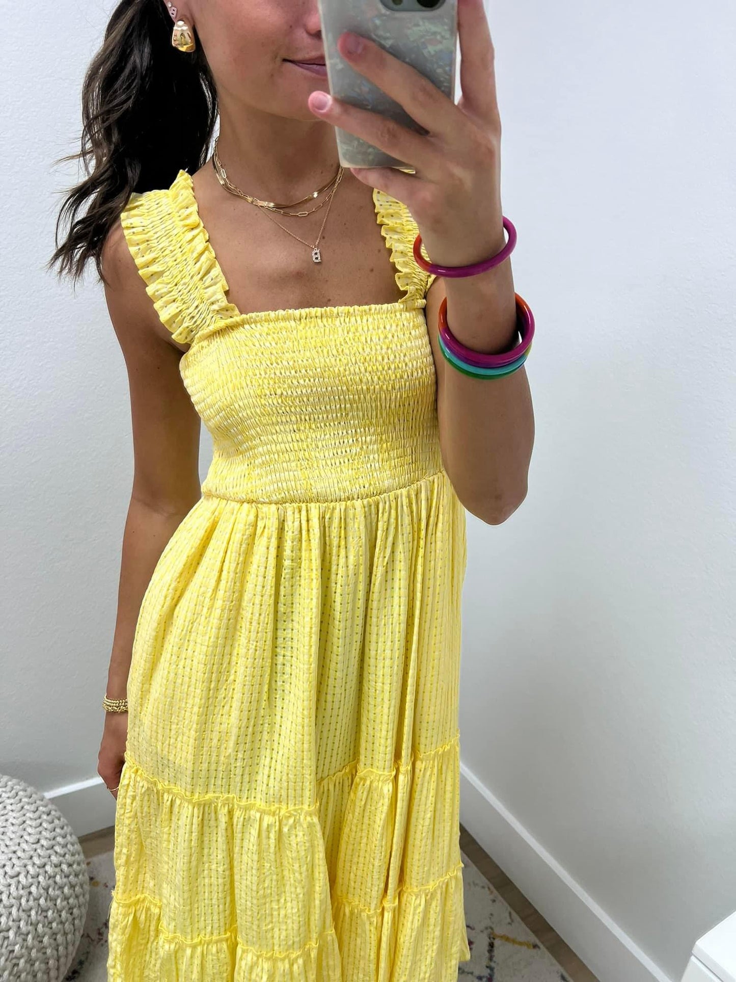 Yellow and White Checkered Tiered Midi Dress FS