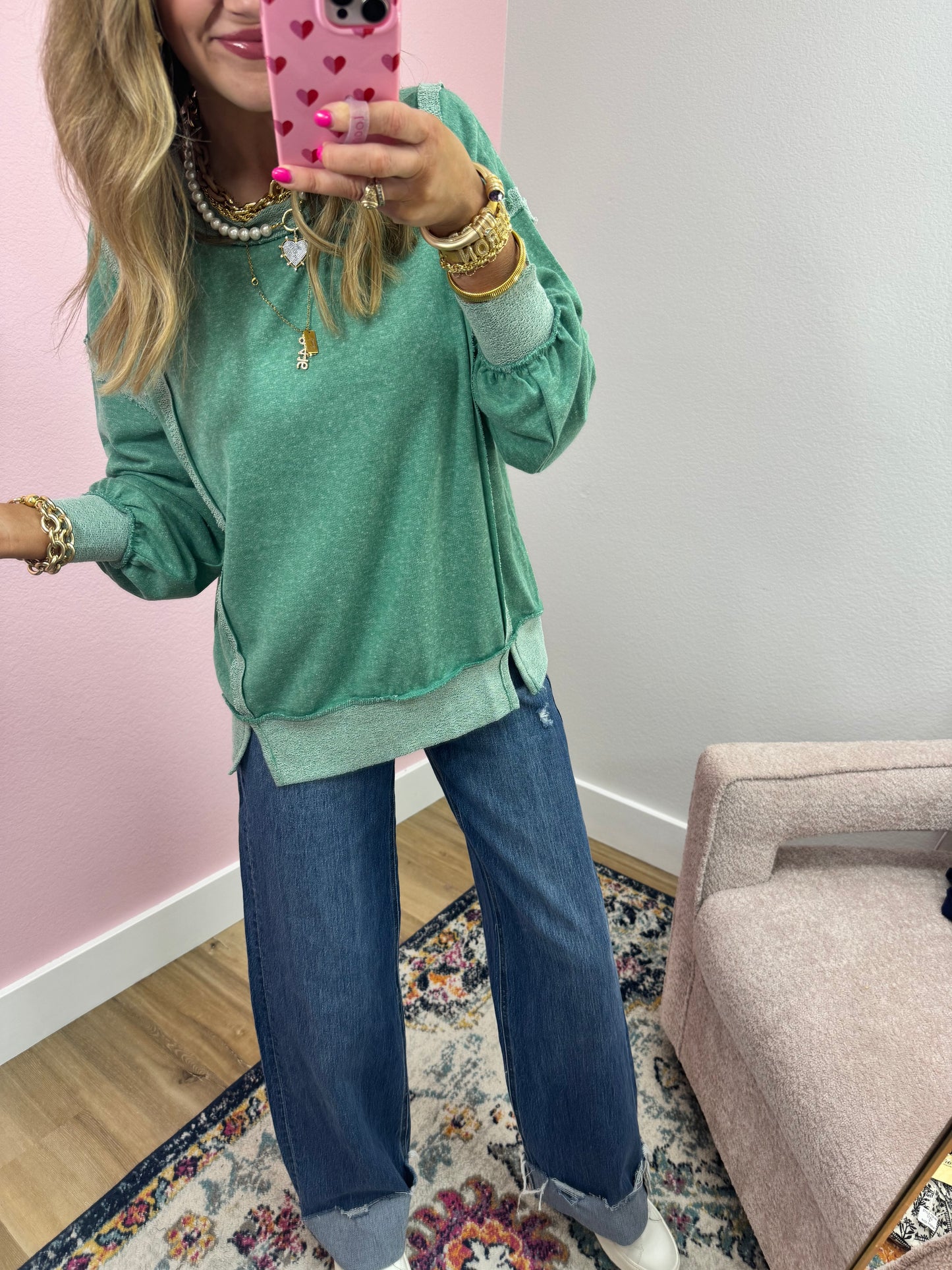 Kelly Green Exposed Hem Pullover Long Sleeve