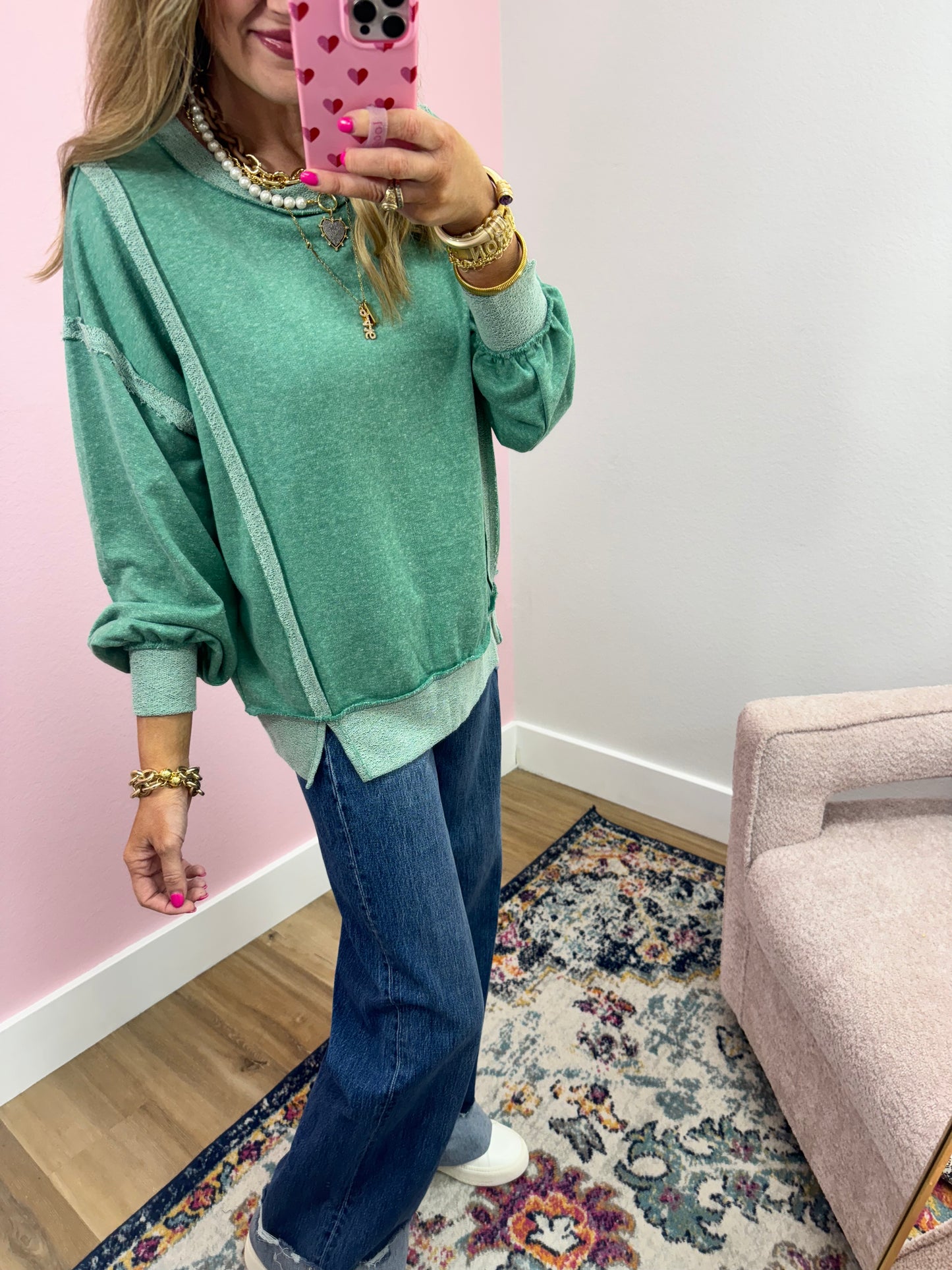 Kelly Green Exposed Hem Pullover Long Sleeve