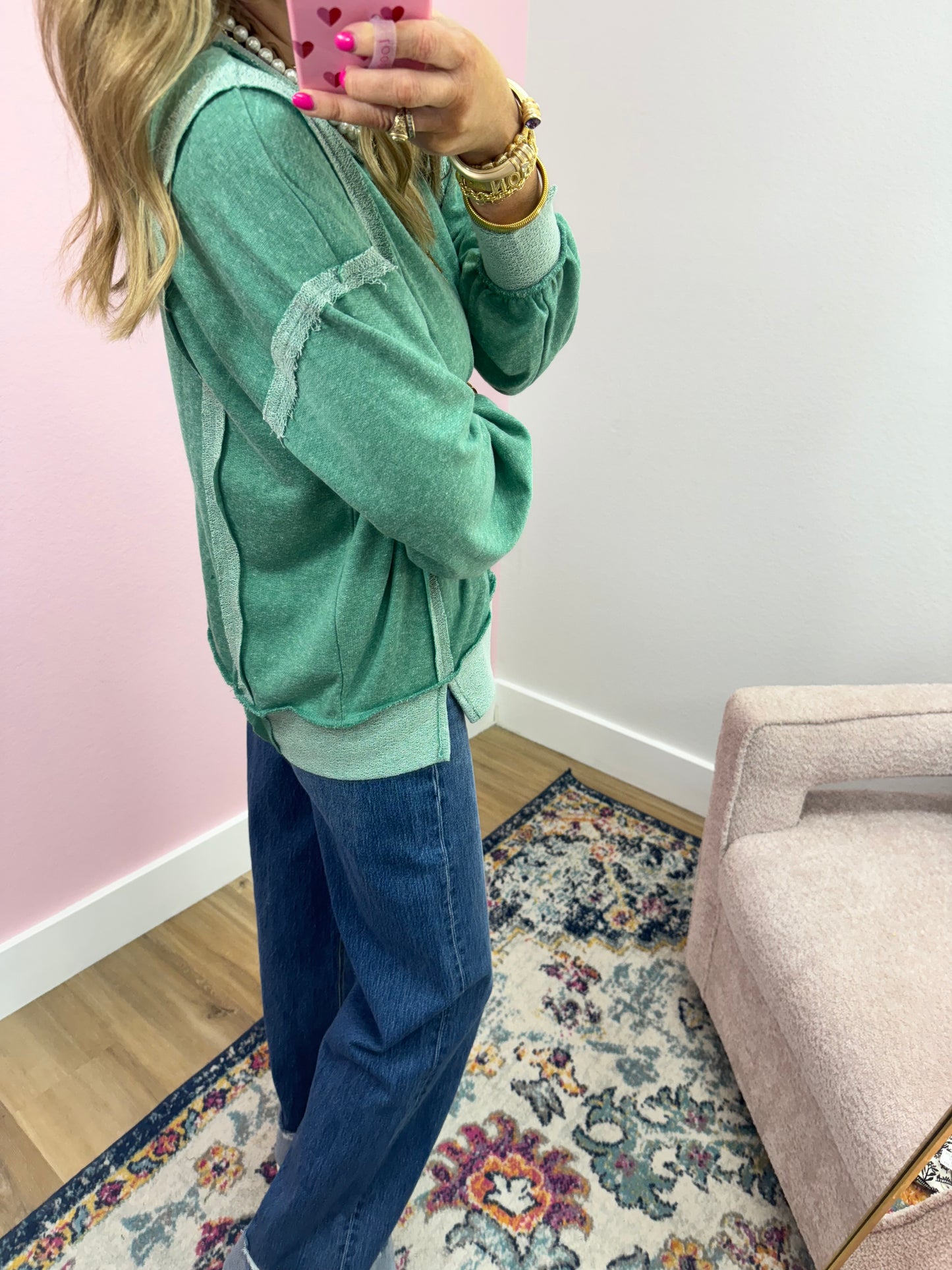 Kelly Green Exposed Hem Pullover Long Sleeve