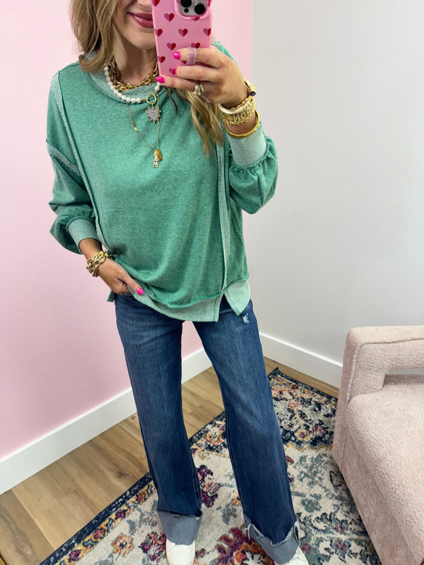 Kelly Green Exposed Hem Pullover Long Sleeve