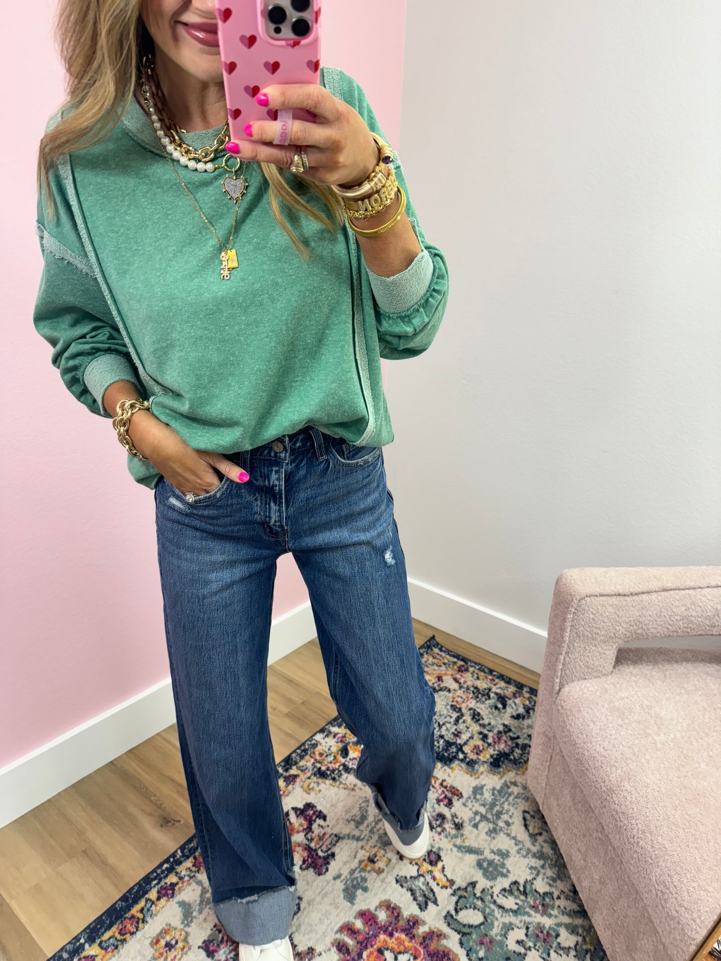 Kelly Green Exposed Hem Pullover Long Sleeve