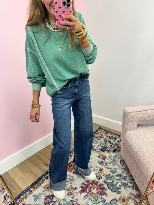 Kelly Green Exposed Hem Pullover Long Sleeve