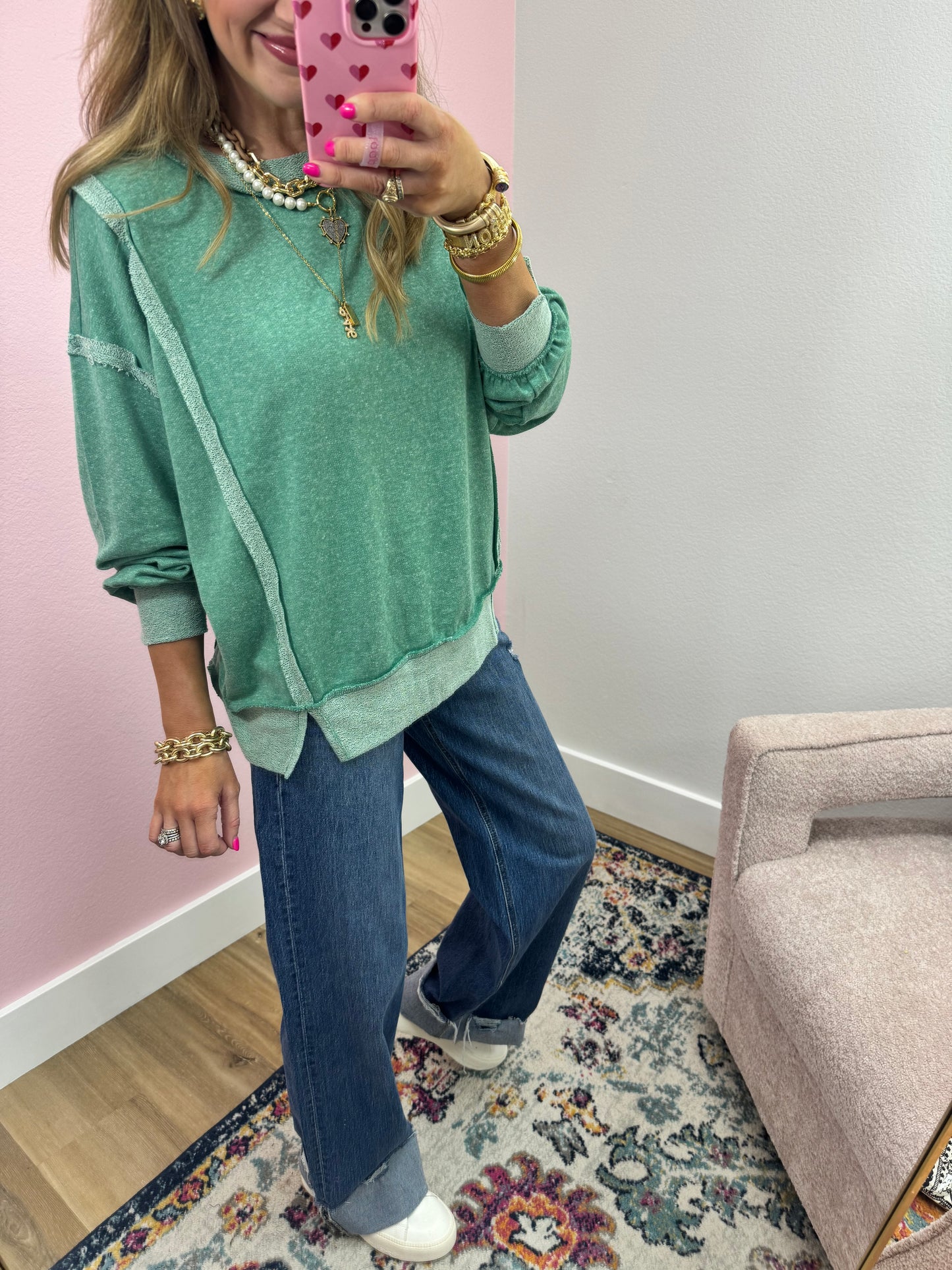 Kelly Green Exposed Hem Pullover Long Sleeve