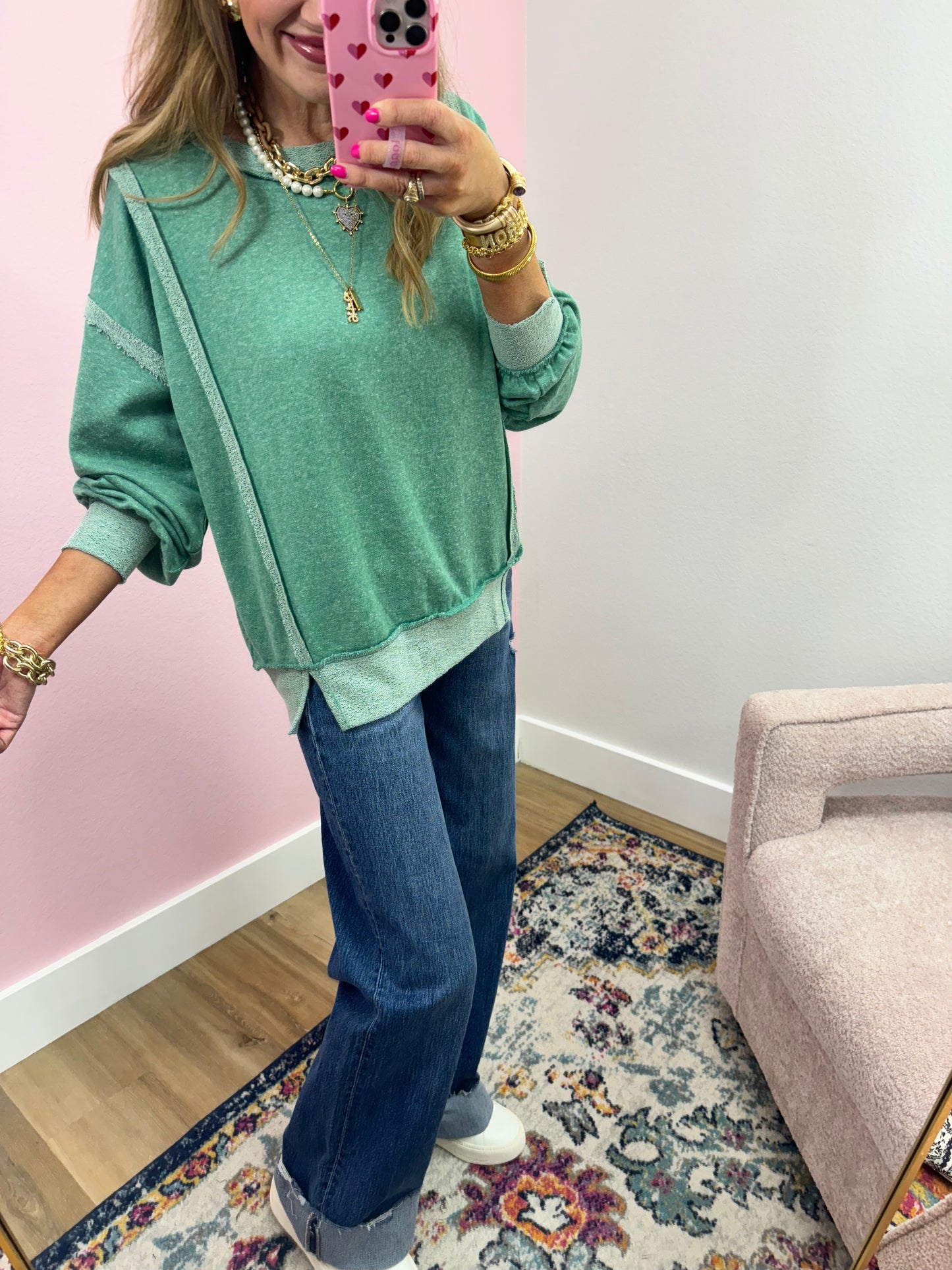 Kelly Green Exposed Hem Pullover Long Sleeve