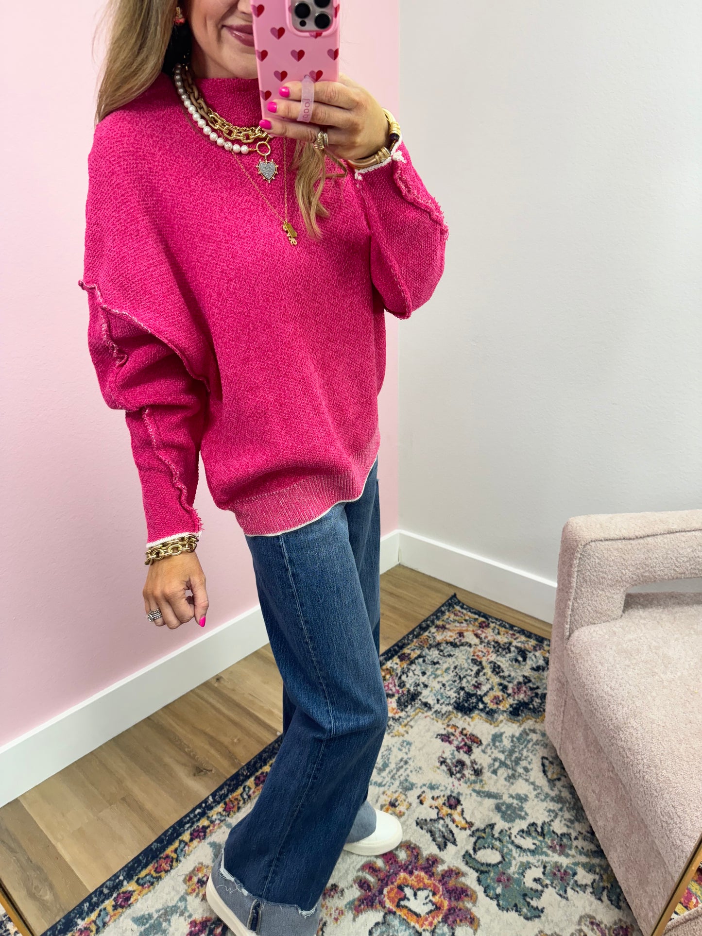 Pink Chenille Exposed Hem Sweater