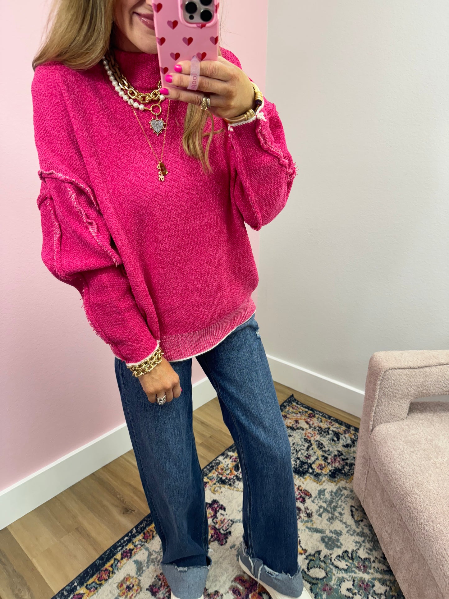 Pink Chenille Exposed Hem Sweater