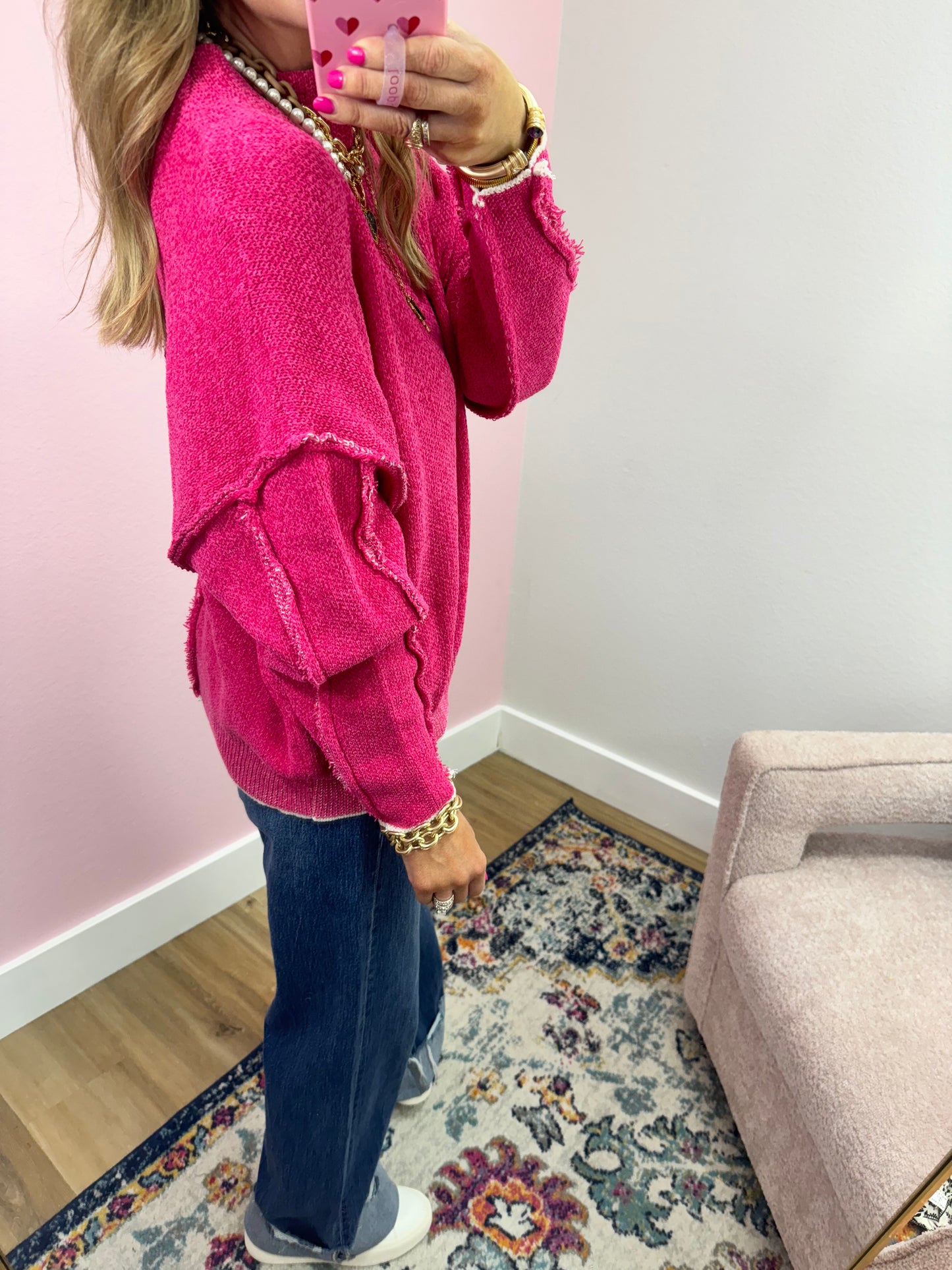 Pink Chenille Exposed Hem Sweater