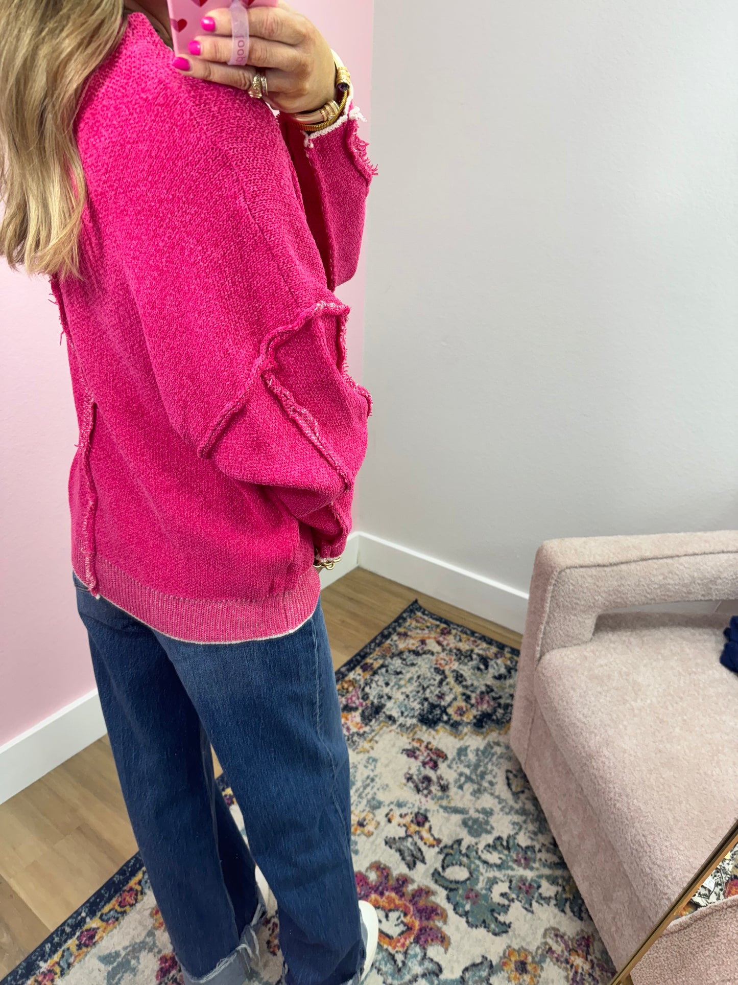 Pink Chenille Exposed Hem Sweater