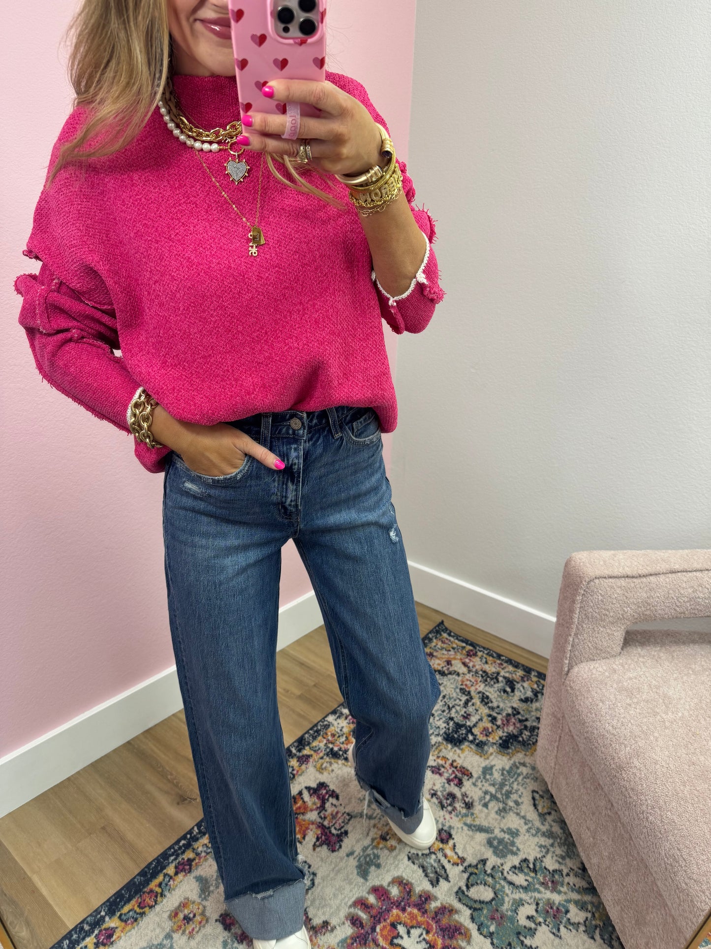 Pink Chenille Exposed Hem Sweater