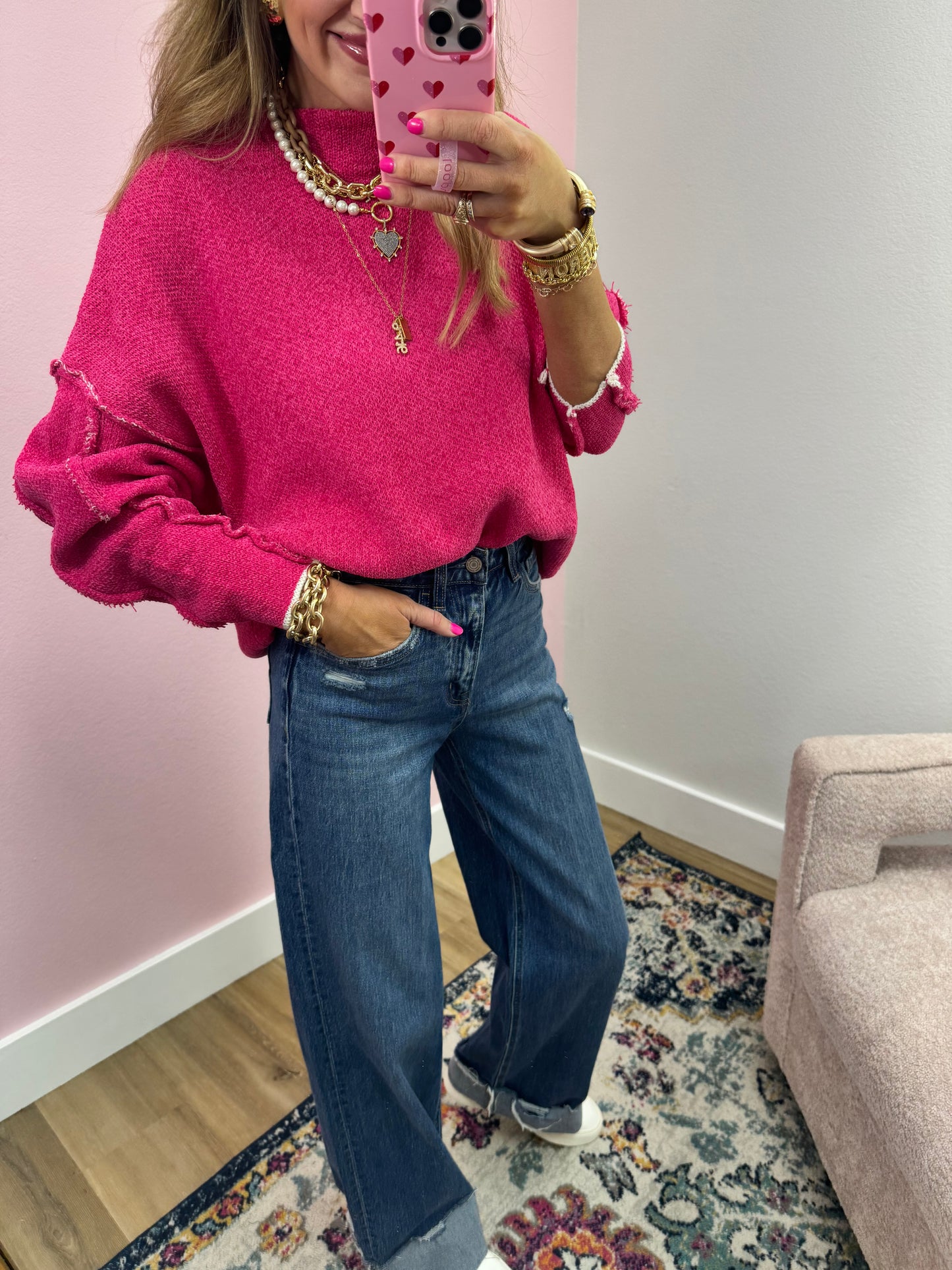 Pink Chenille Exposed Hem Sweater