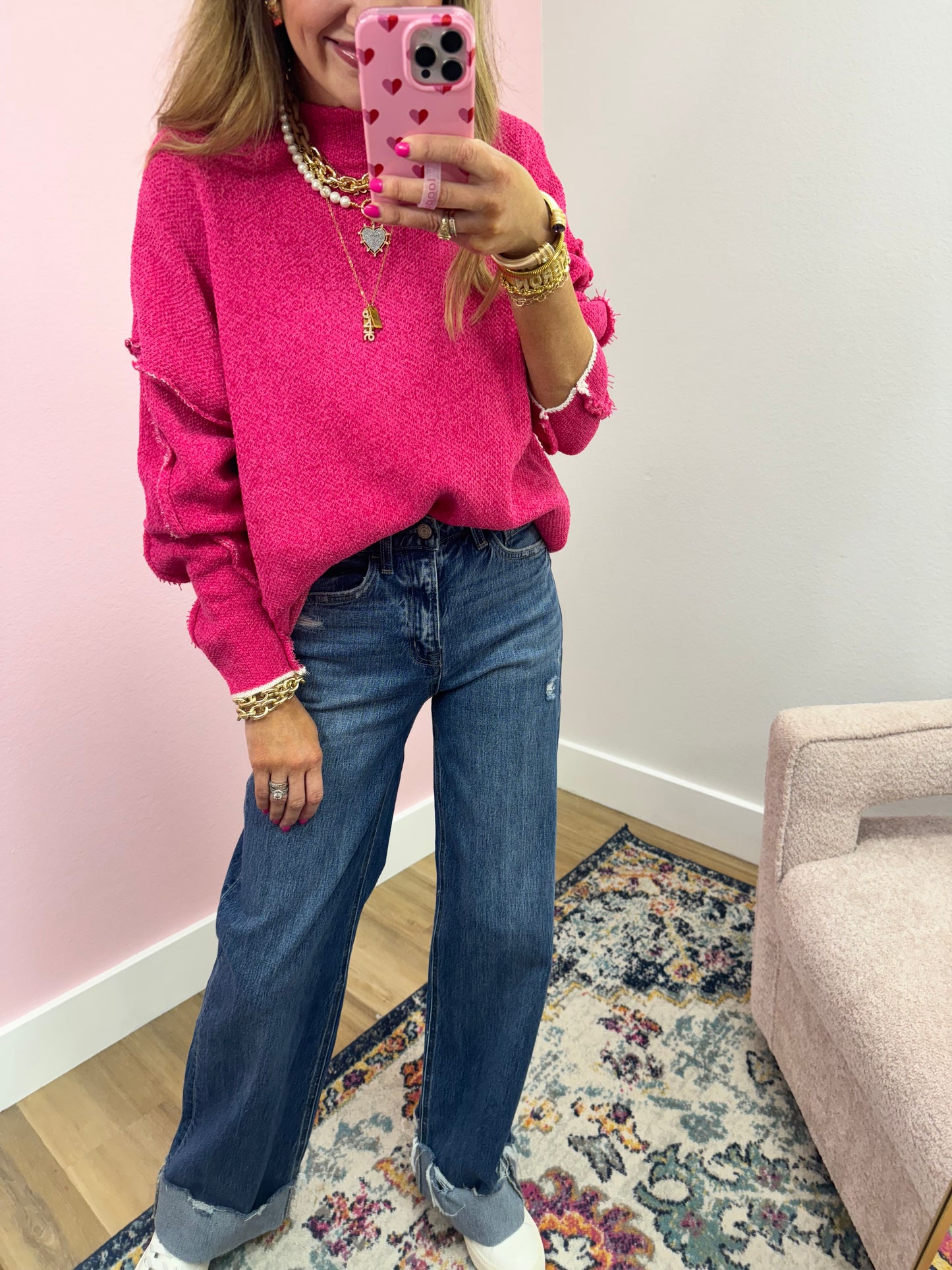 Pink Chenille Exposed Hem Sweater