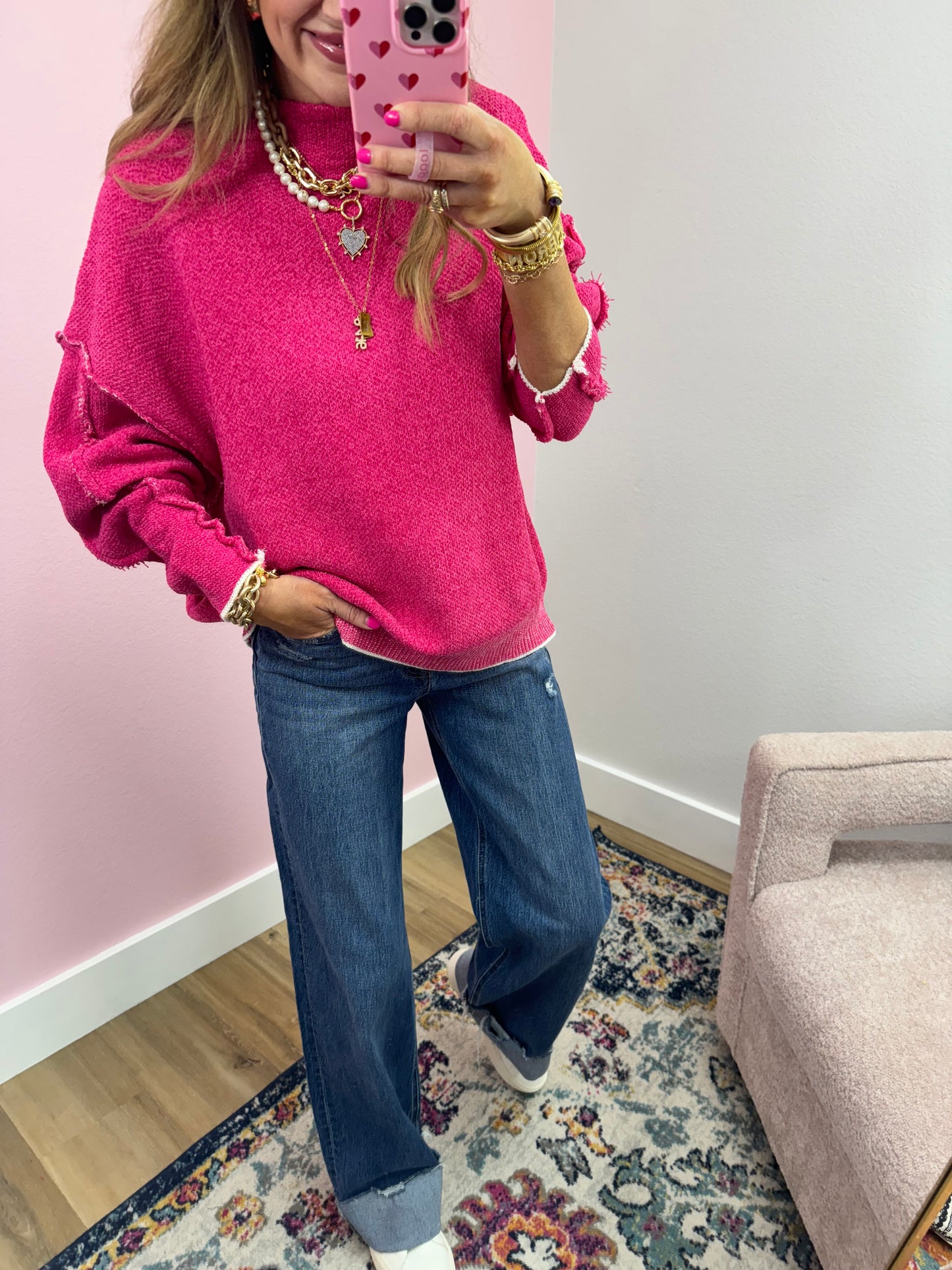 Pink Chenille Exposed Hem Sweater