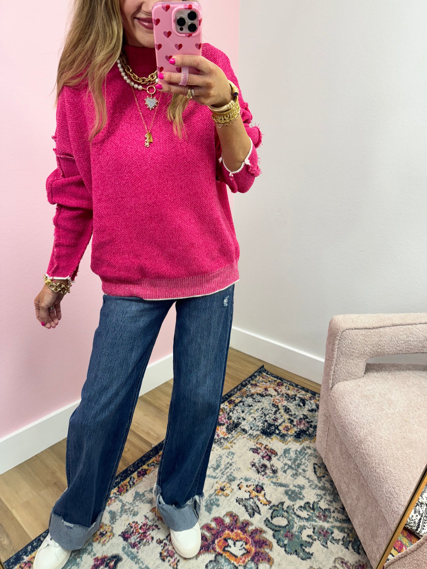 Pink Chenille Exposed Hem Sweater