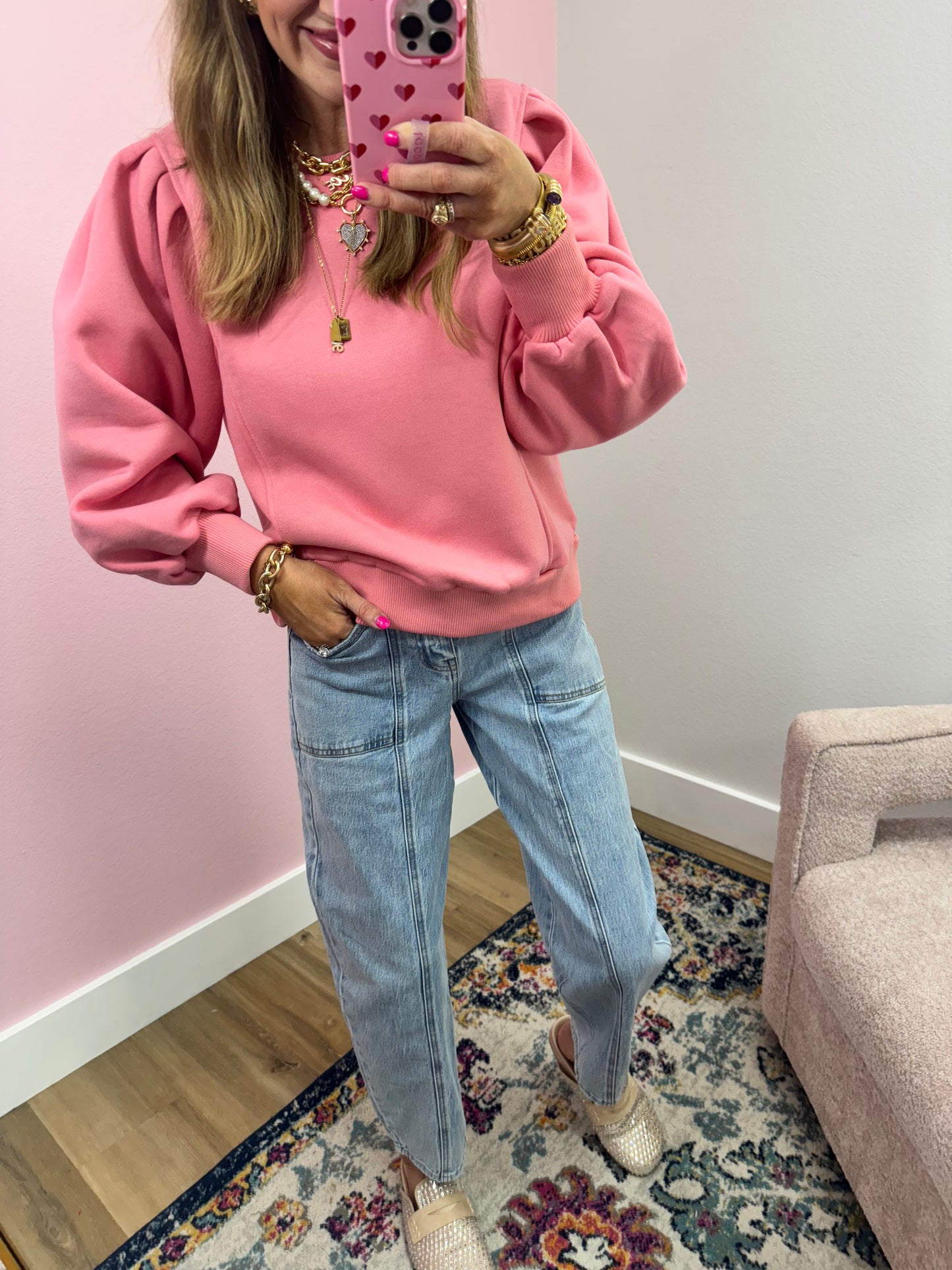 Pink Puff Sleeve Sweatshirt