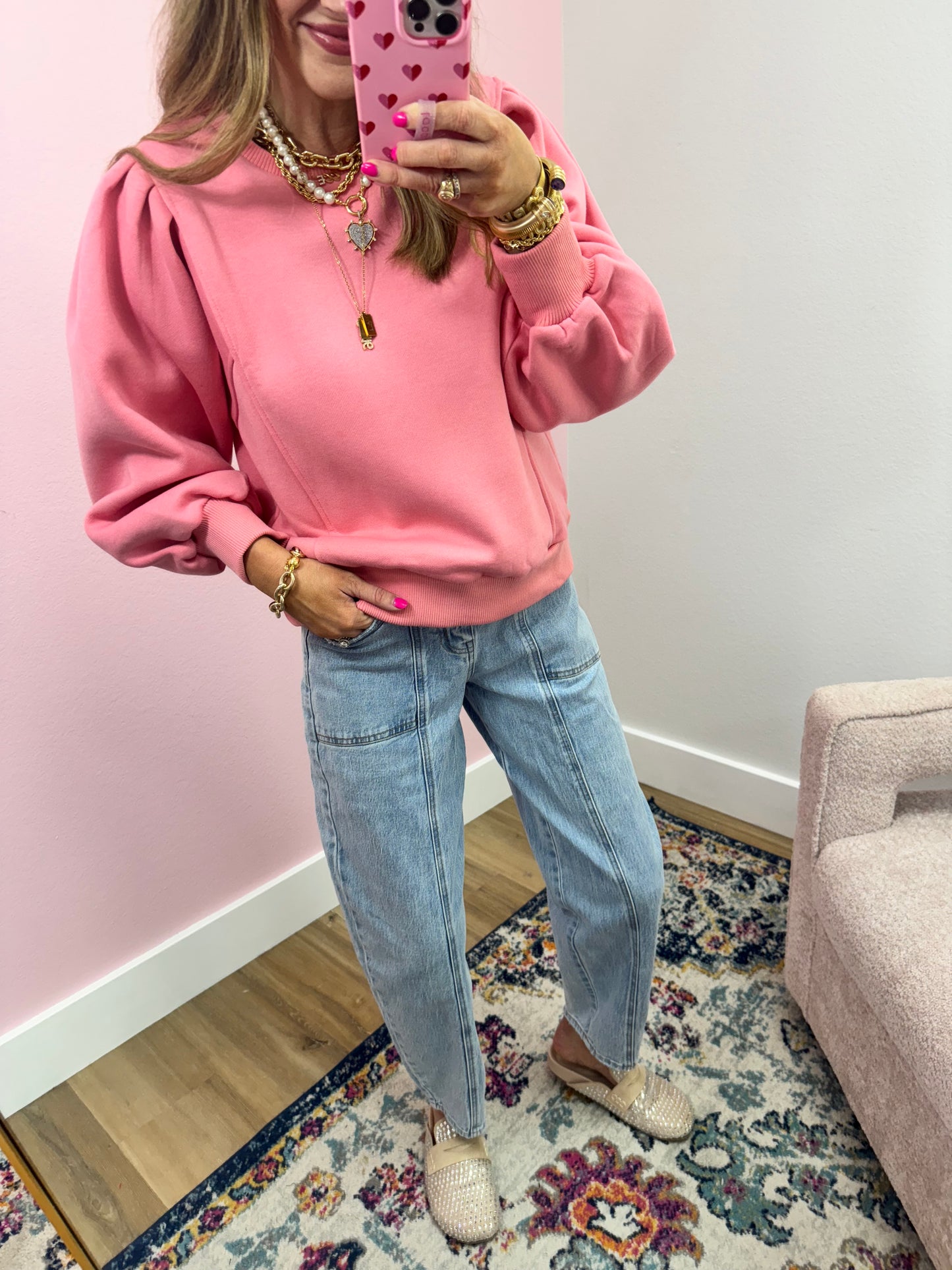 Pink Puff Sleeve Sweatshirt