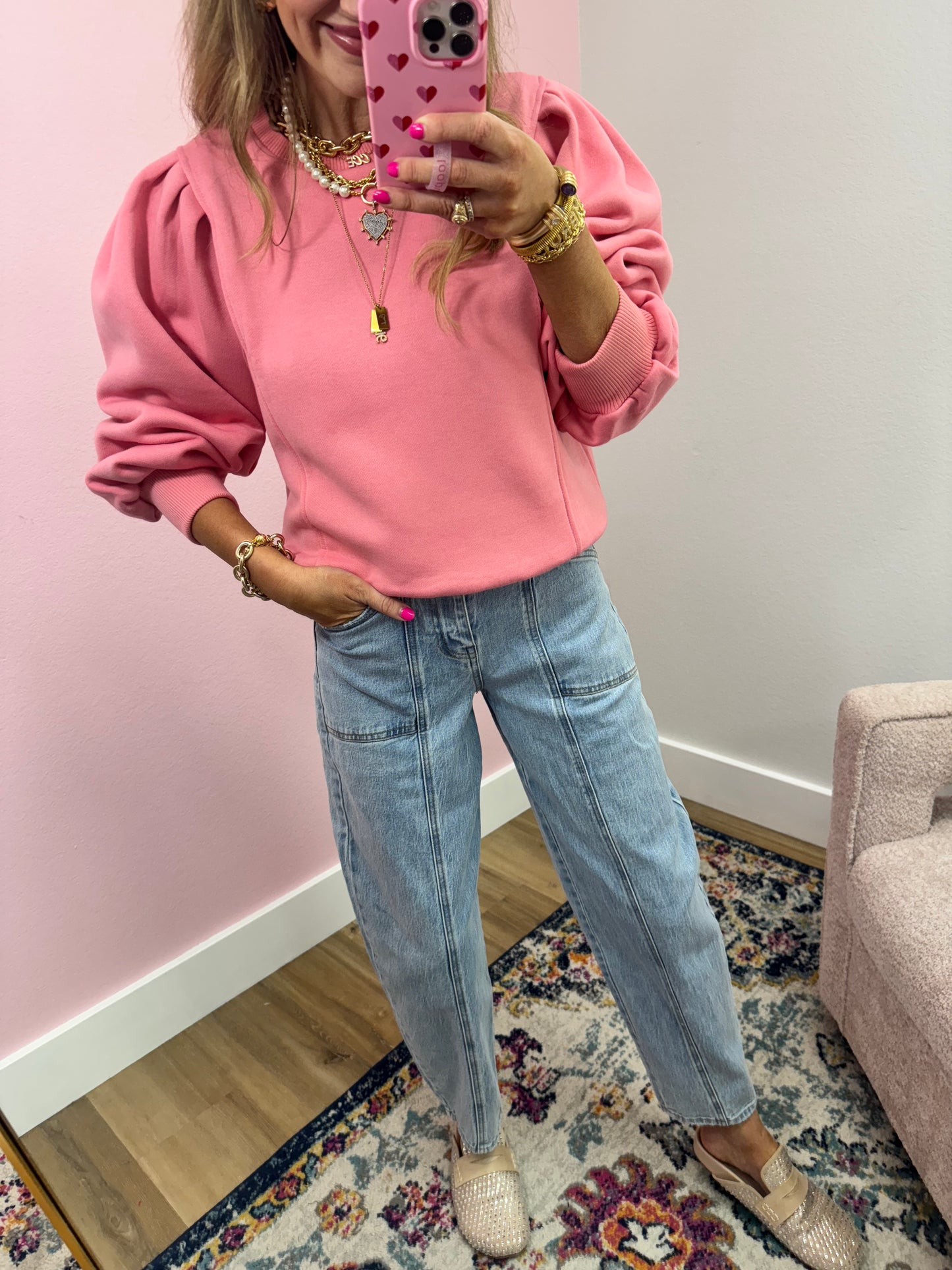 Pink Puff Sleeve Sweatshirt