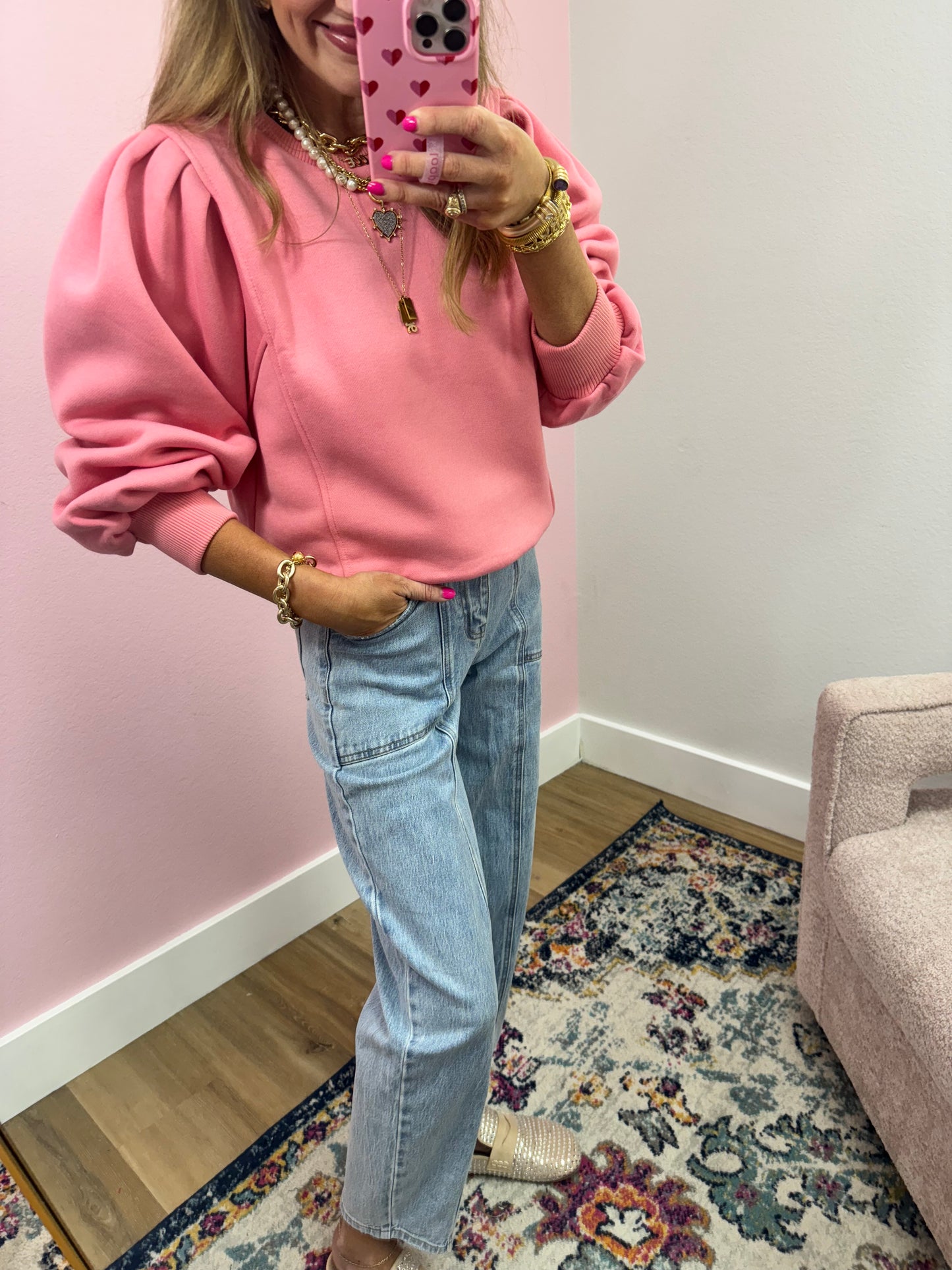 Pink Puff Sleeve Sweatshirt