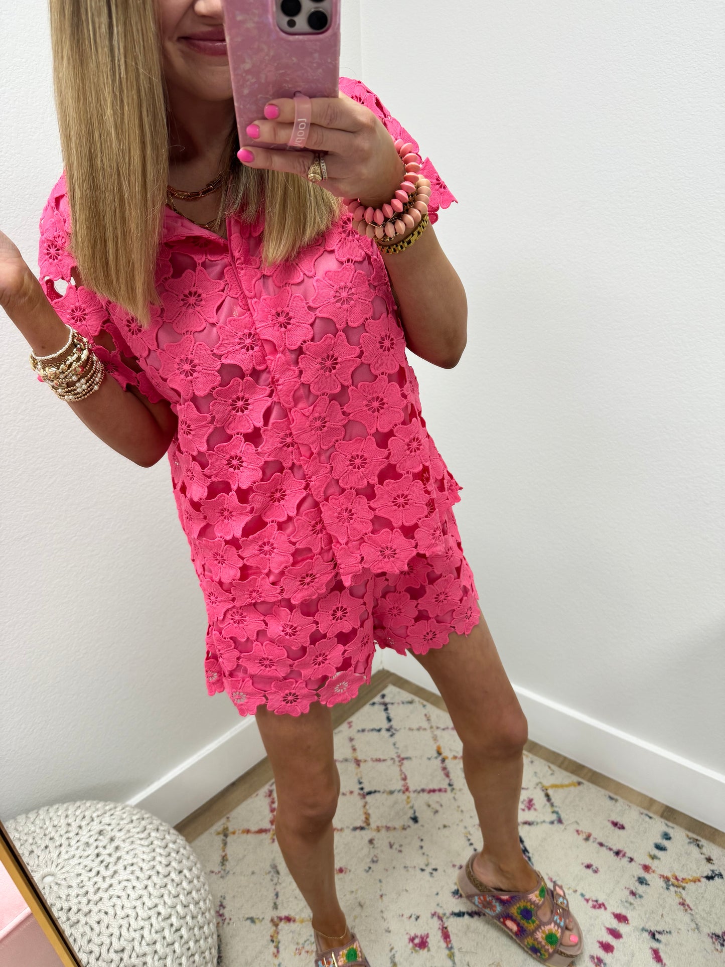 Pink Floral Overlay Two Piece Short Set FS