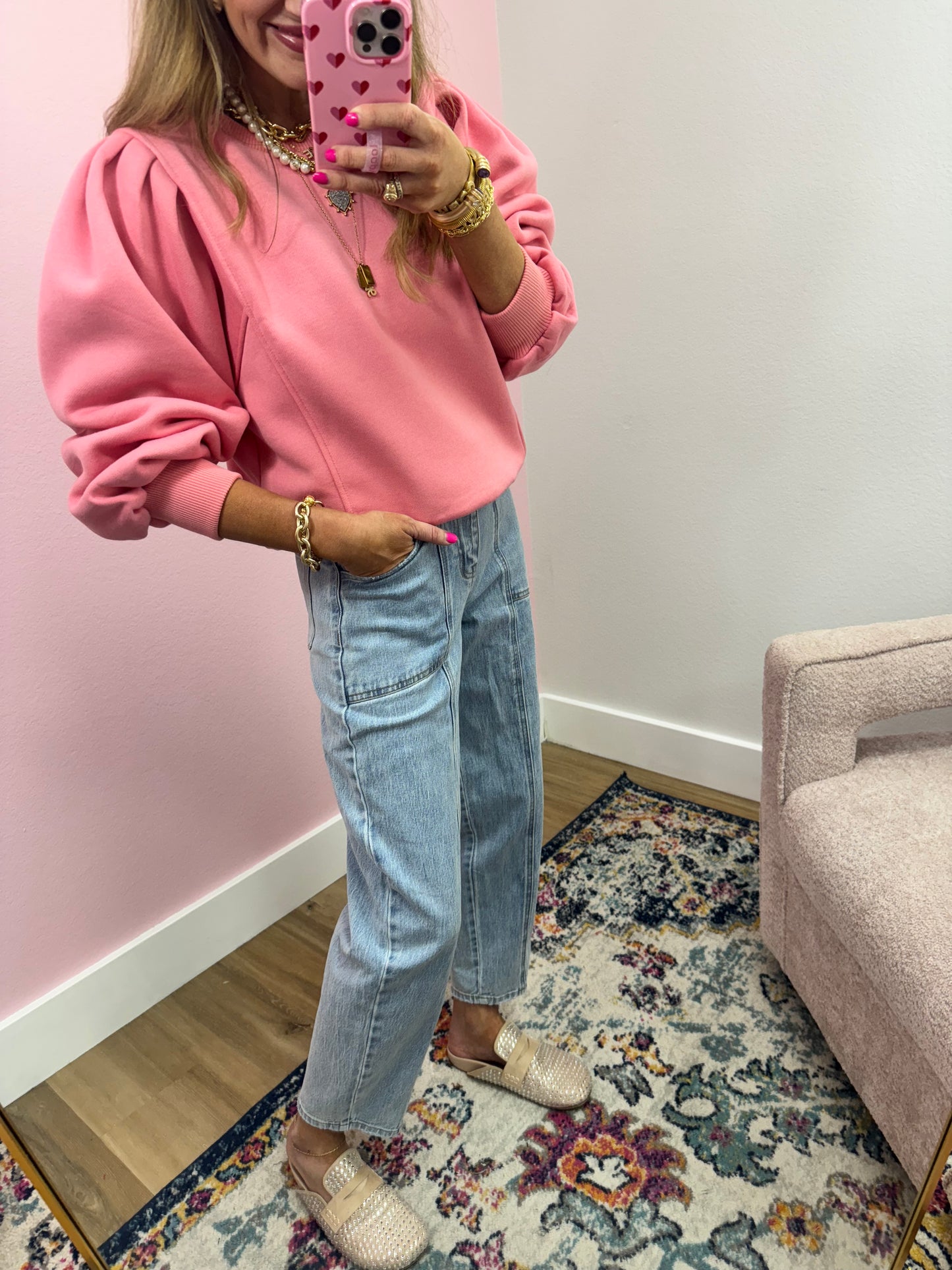 Pink Puff Sleeve Sweatshirt