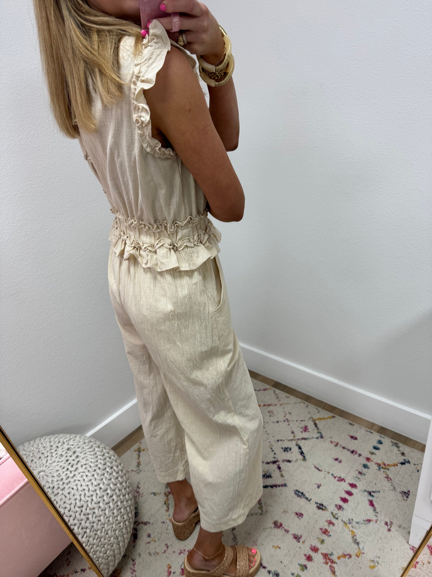 Cream Ruffle Cropped Length Jumpsuit