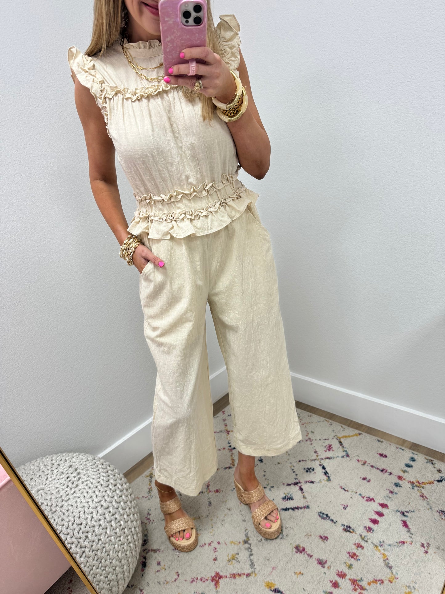 Cream Ruffle Cropped Length Jumpsuit