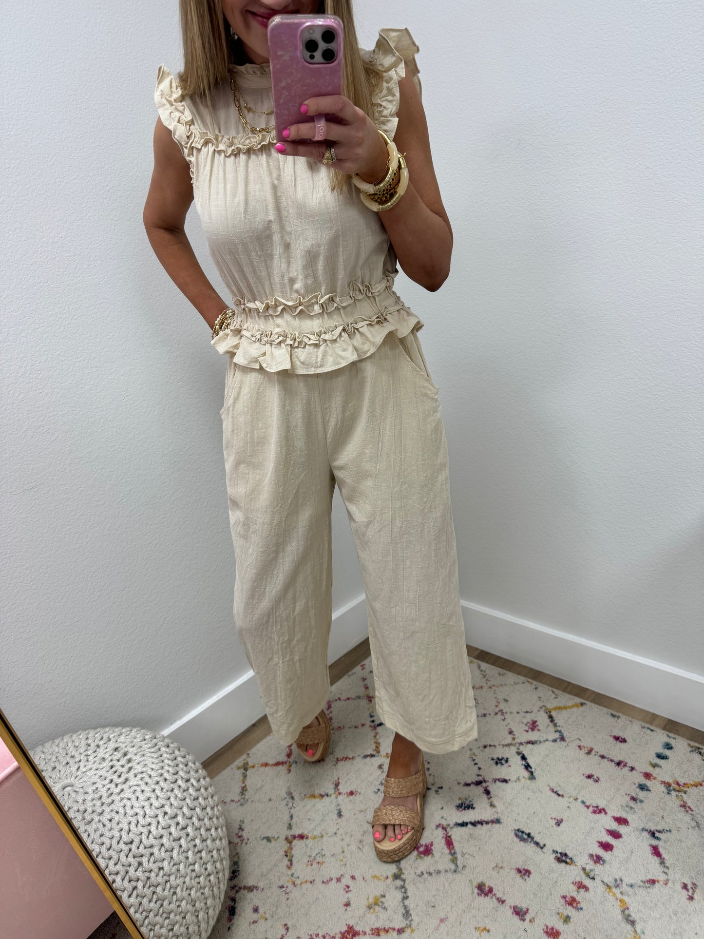 Cream Ruffle Cropped Length Jumpsuit