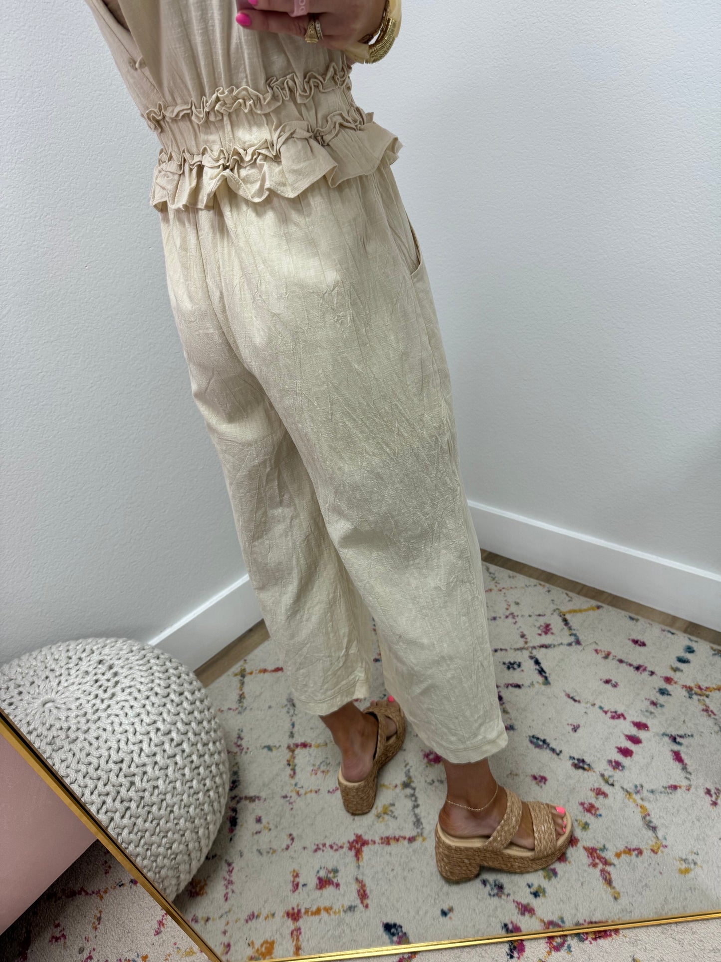 Cream Ruffle Cropped Length Jumpsuit