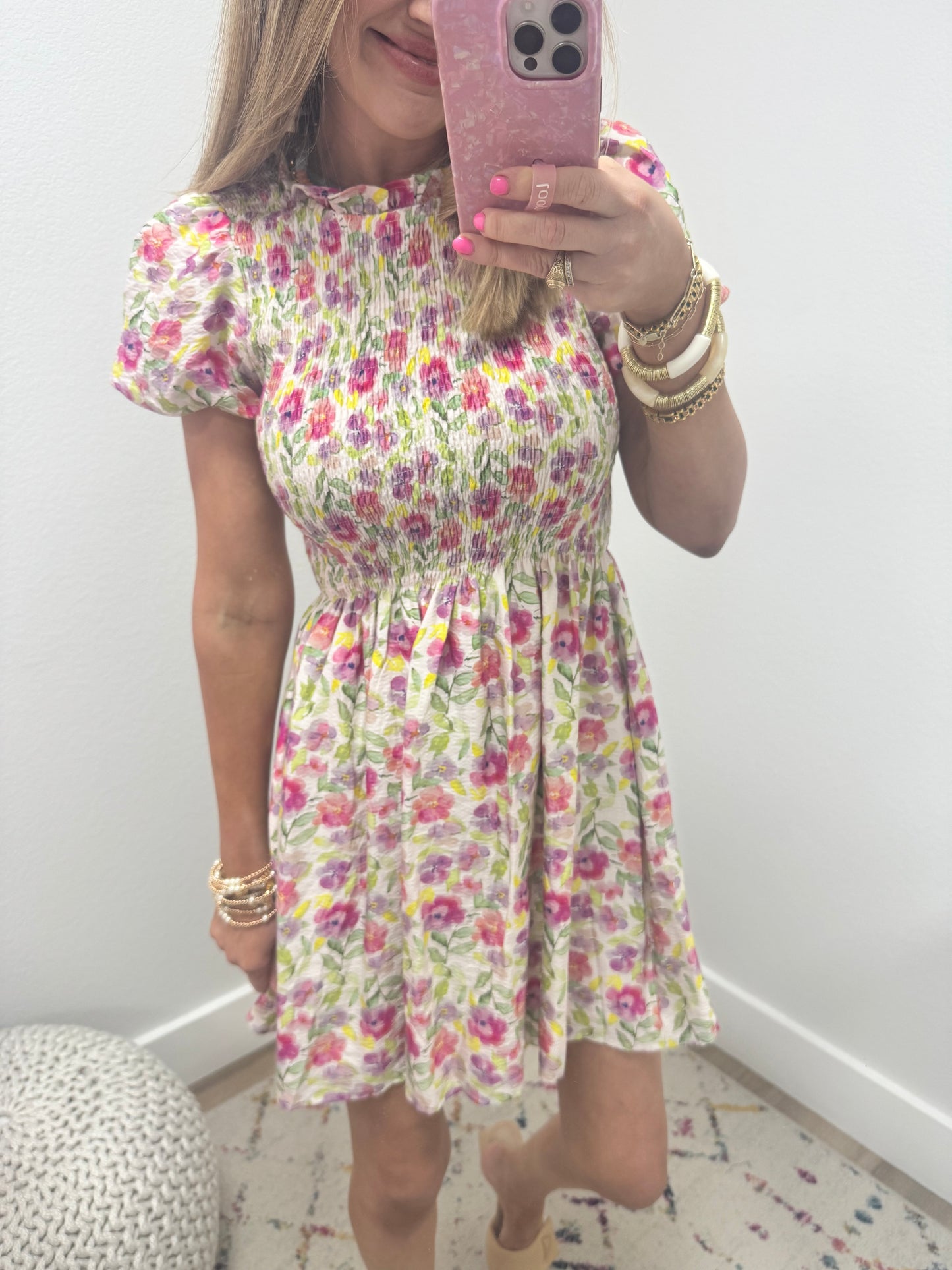 Pink Floral Smocked Top Dress FS