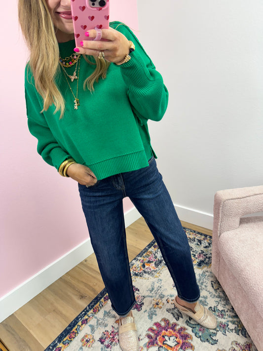 Kelly Green Crop Mock Neck Sweater