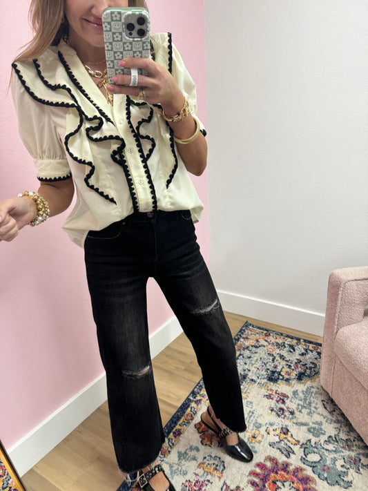 Cream and Black Stitched Button Top