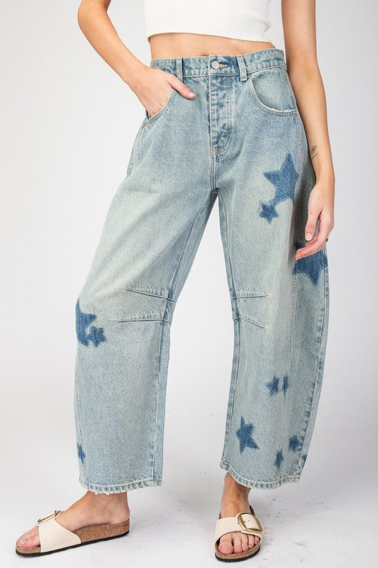 Star Print Barrel Jeans