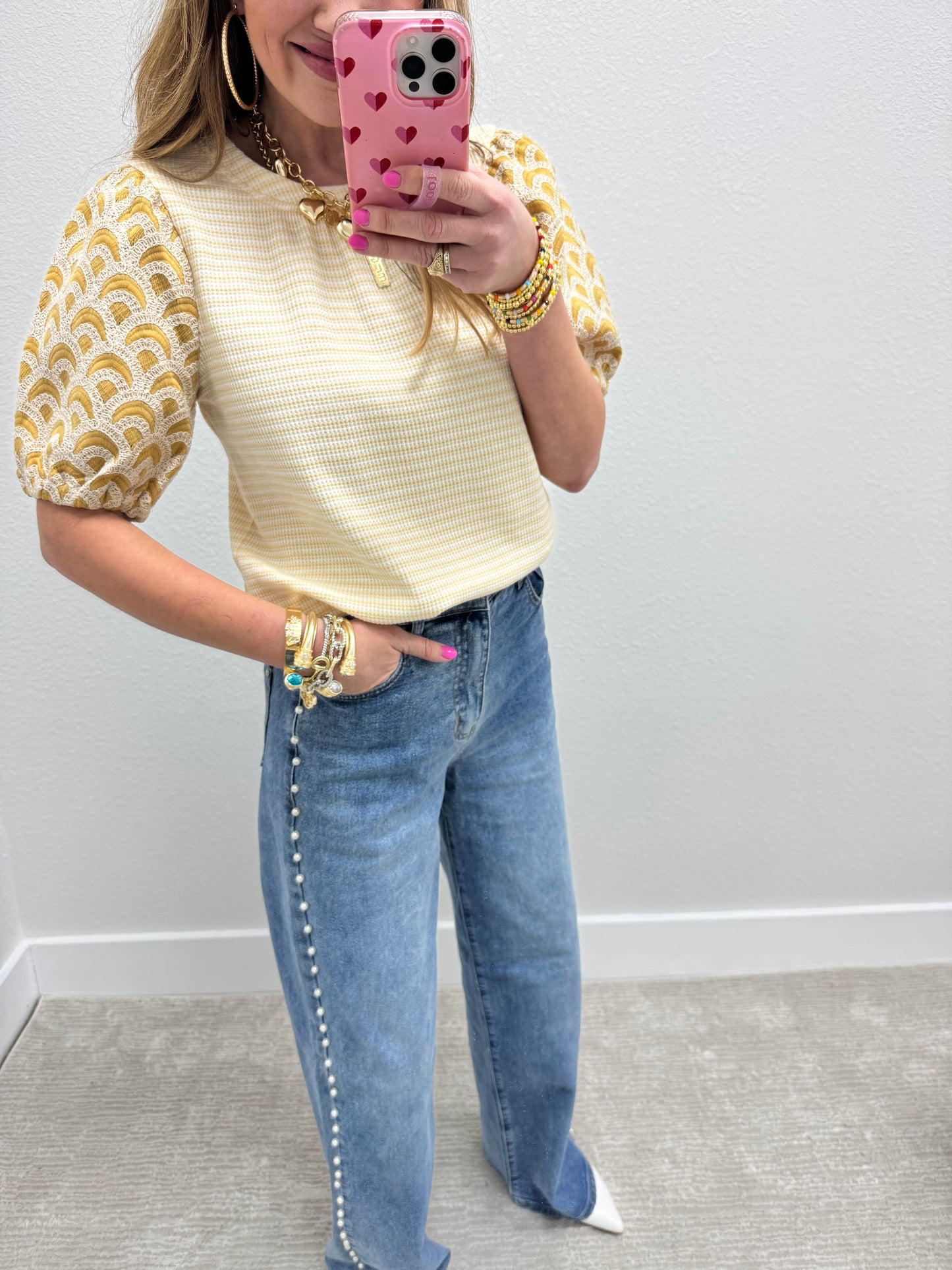 Cream and Mustard Printed Puff Sleeve Top