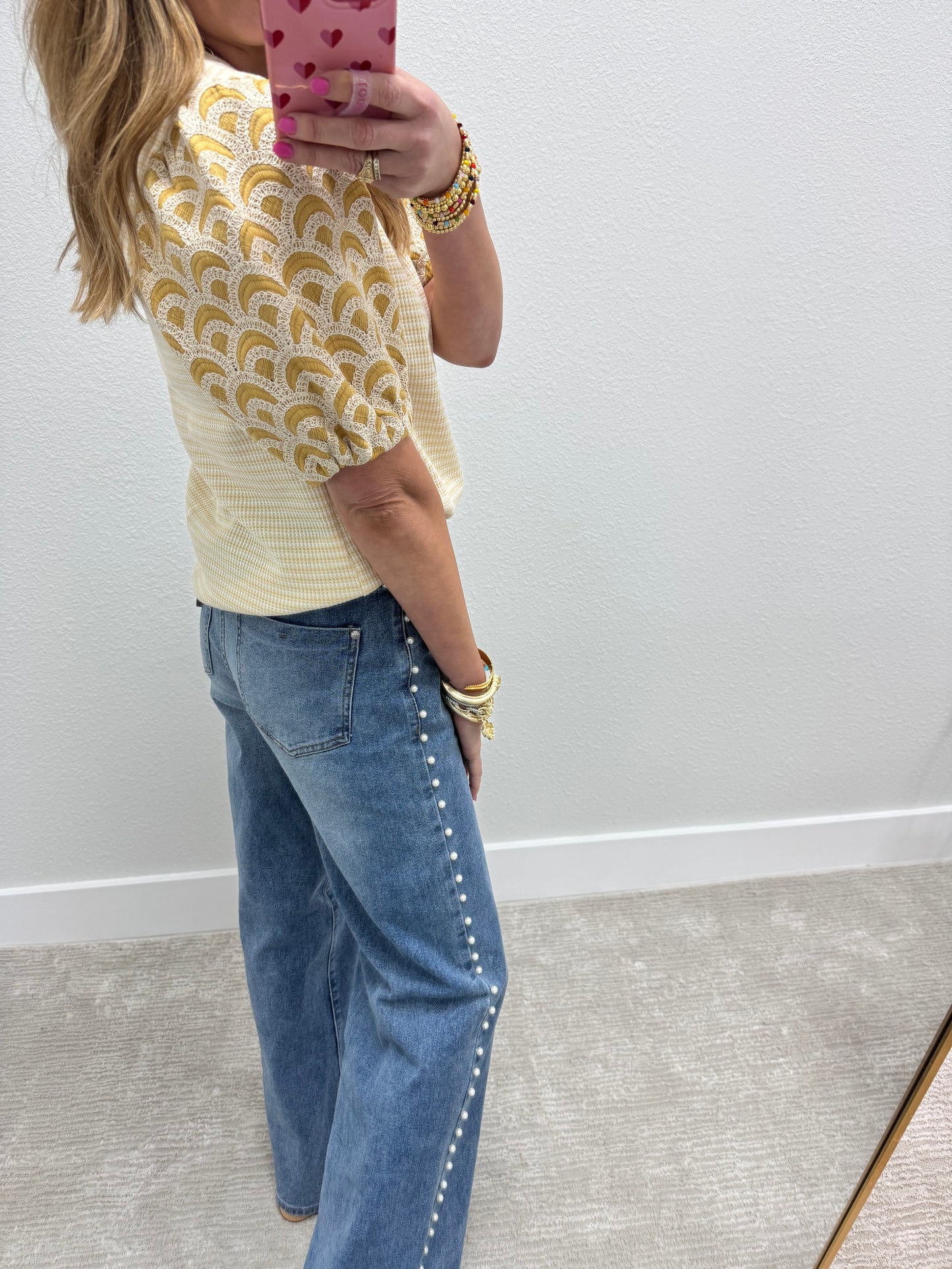 Cream and Mustard Printed Puff Sleeve Top