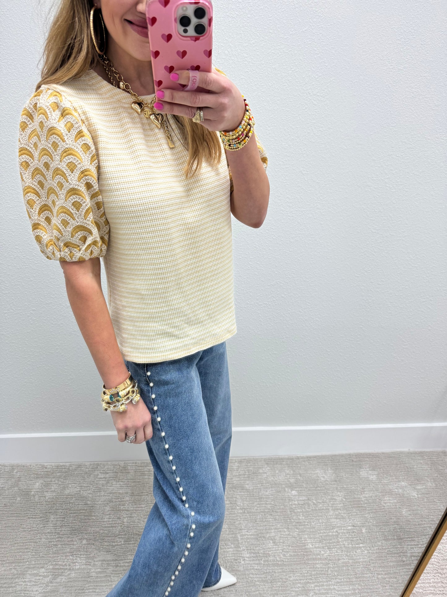 Cream and Mustard Printed Puff Sleeve Top