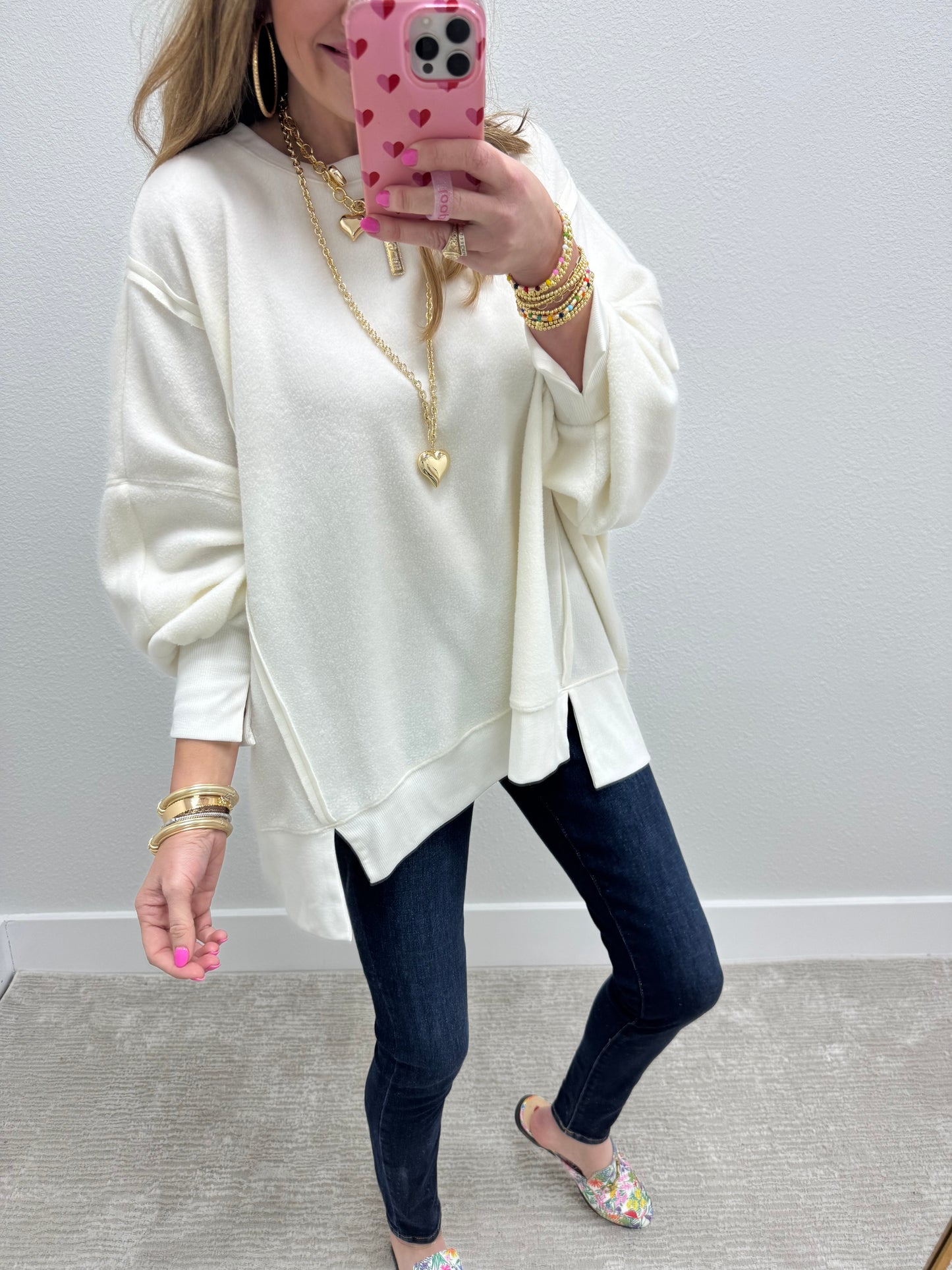 Cream Fleece Exposed Hem Long Sleeve