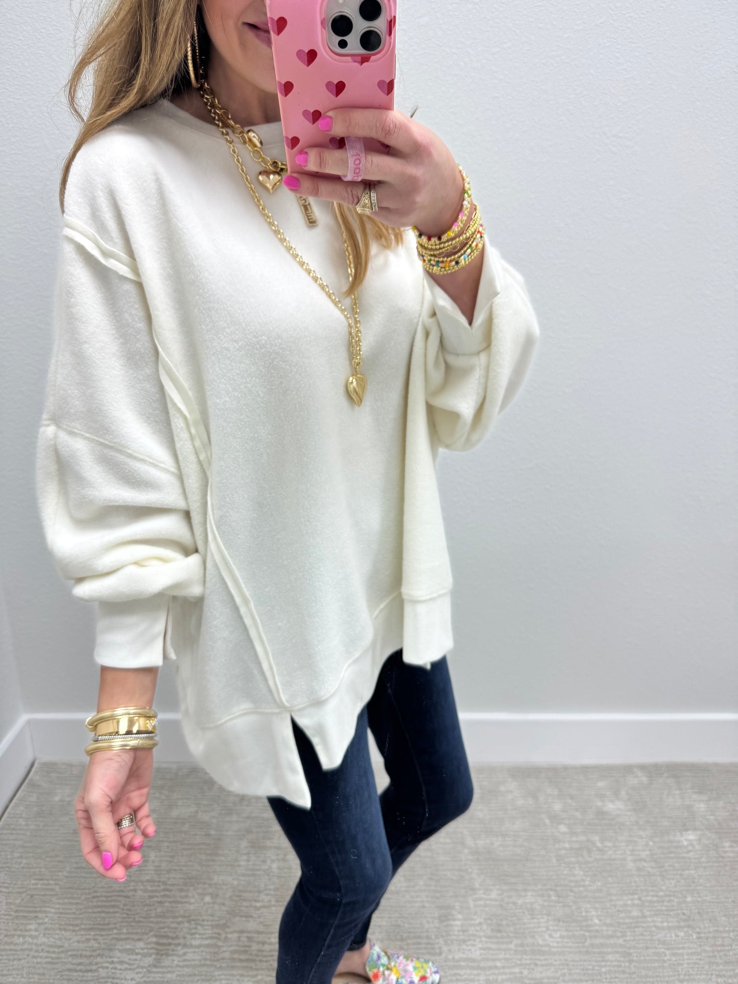 Cream Fleece Exposed Hem Long Sleeve