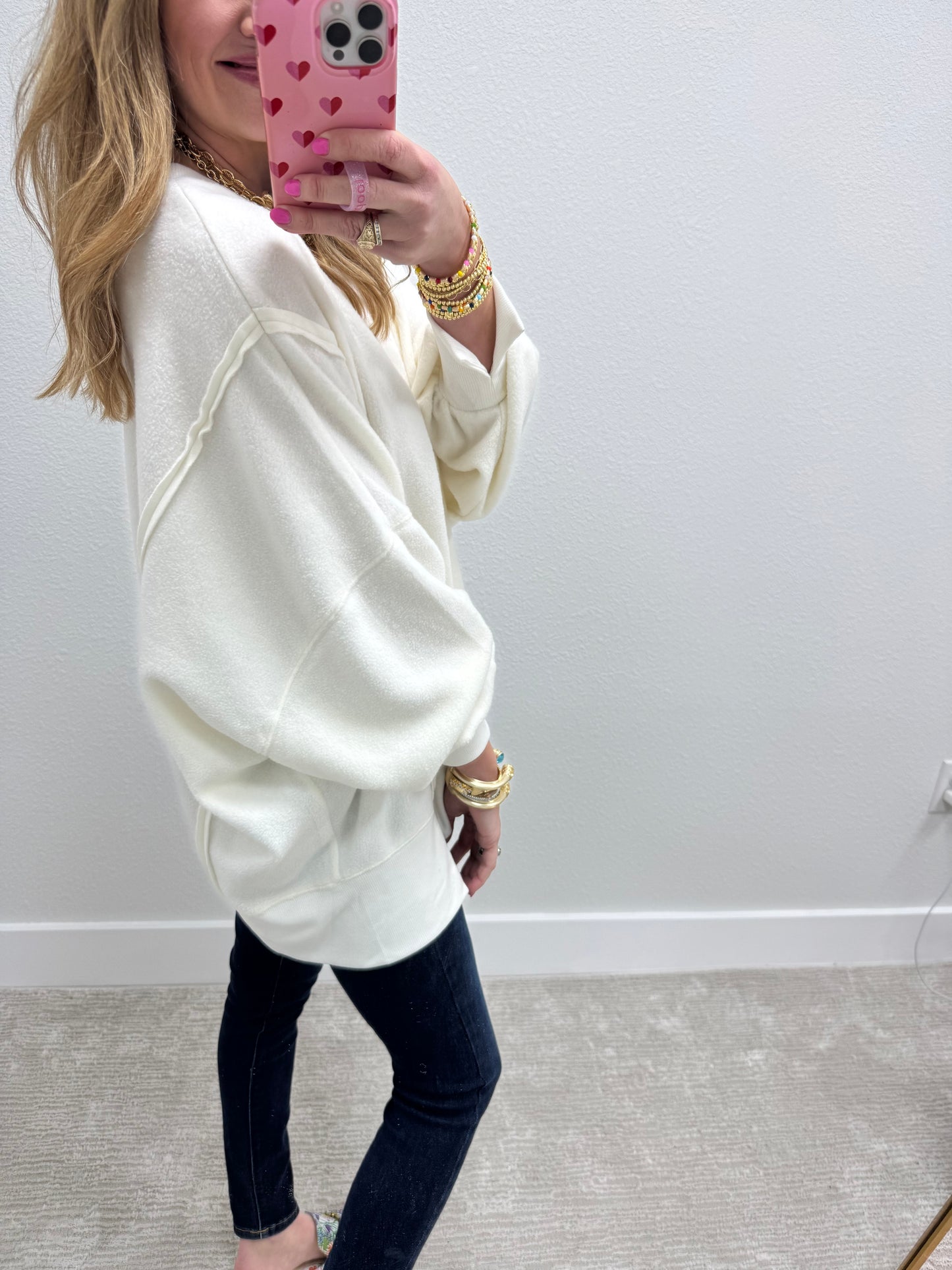 Cream Fleece Exposed Hem Long Sleeve