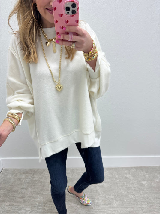 Cream Fleece Exposed Hem Long Sleeve