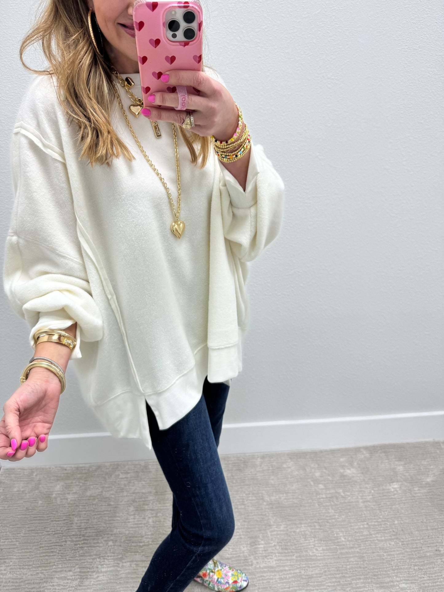 Cream Fleece Exposed Hem Long Sleeve