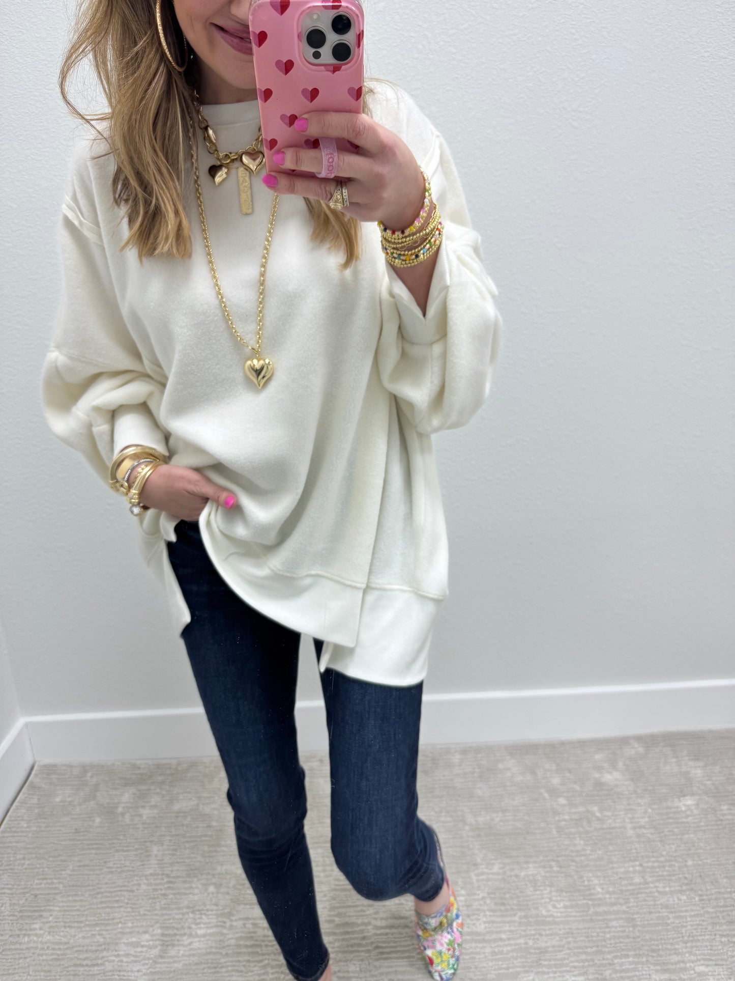 Cream Fleece Exposed Hem Long Sleeve