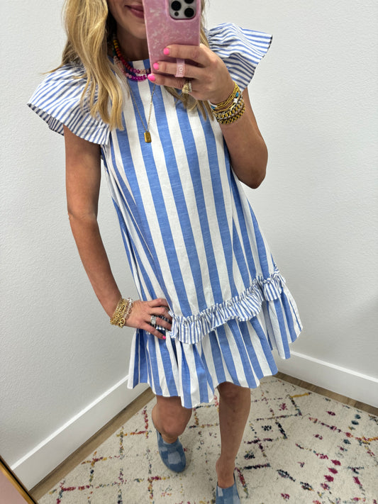 Blue and White Stripe Ruffle Detailed Dress