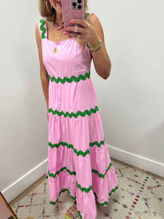 Pink and Green Ric Rac Trim Maxi Dress