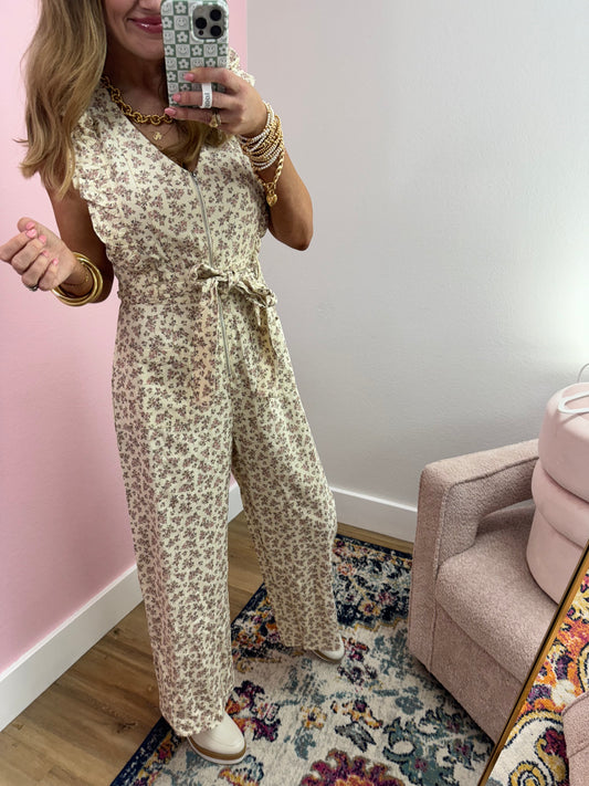 Cream And Pink Floral Jumpsuit