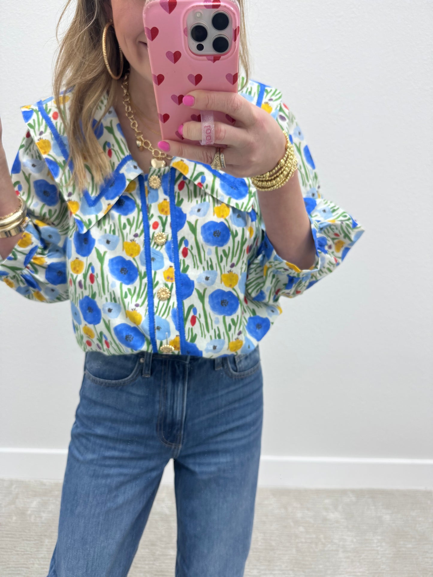 Blue Floral Peter Pan Collar Floral Button Top