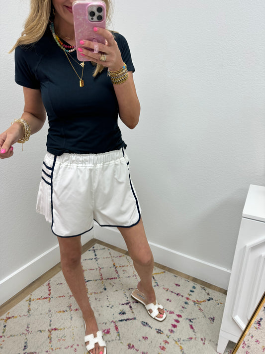 White and Navy Pleated Athletic Shorts