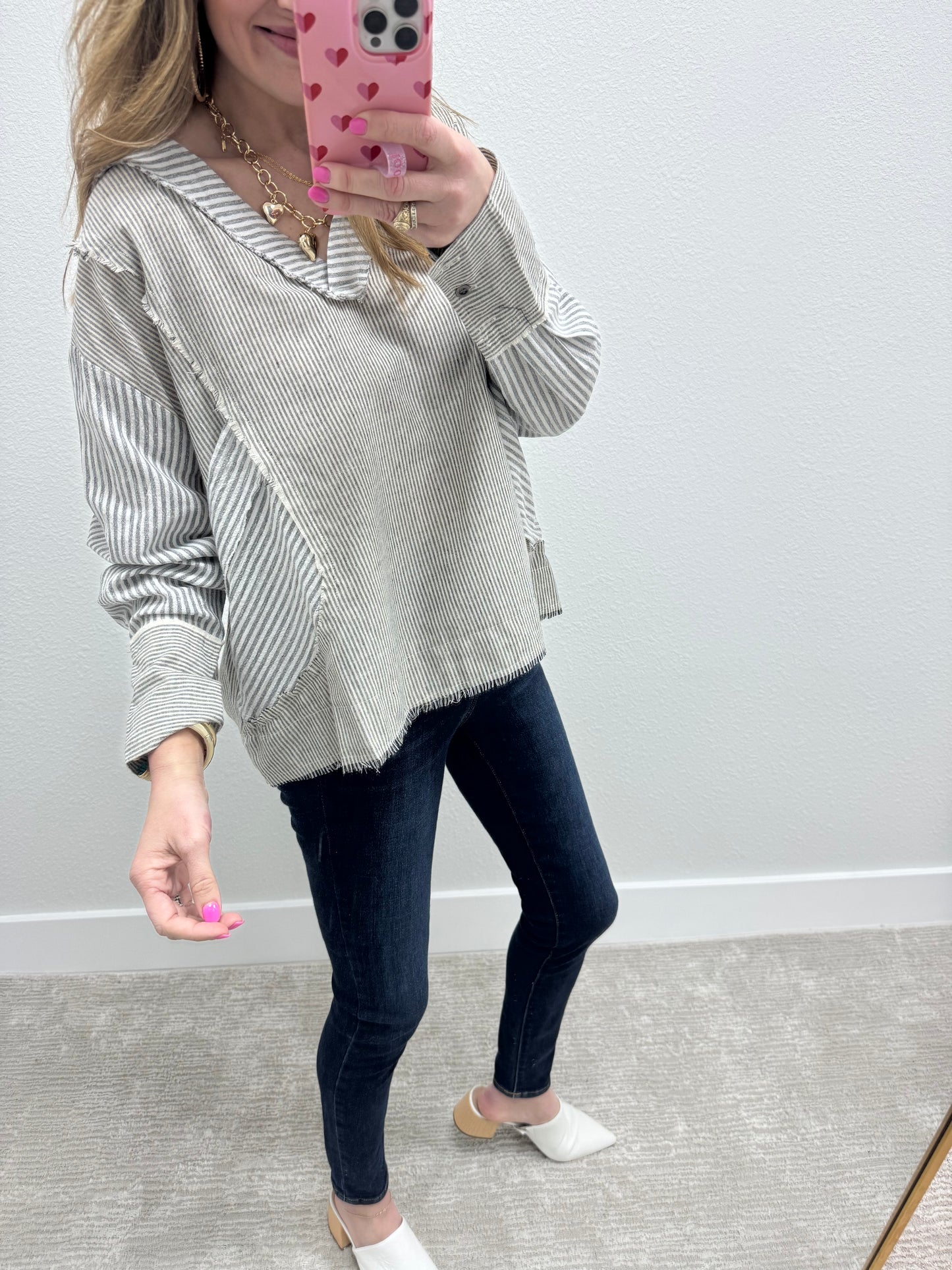 Ivory and Black Stripe Vneck Blouse