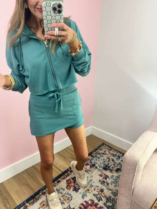 Teal French Terry Zip Up Crop Two Piece Set