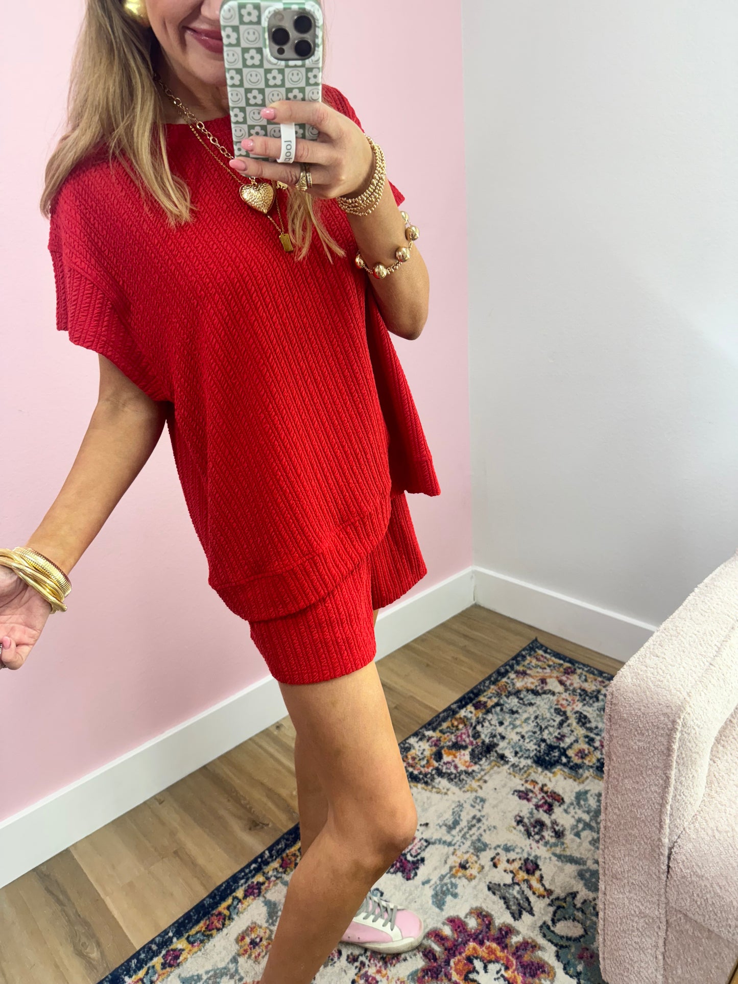 Red Textured Knit Two Piece Short Set