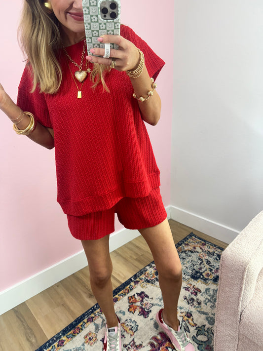 Red Textured Knit Two Piece Short Set